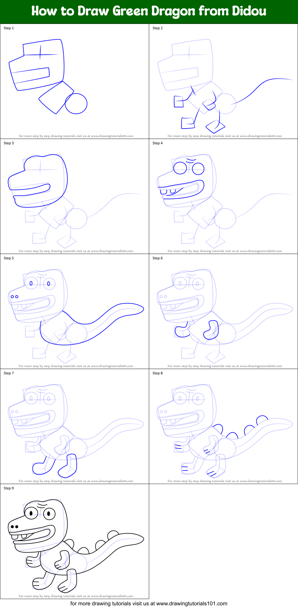 How to Draw Green Dragon from Didou Printable Step by Step