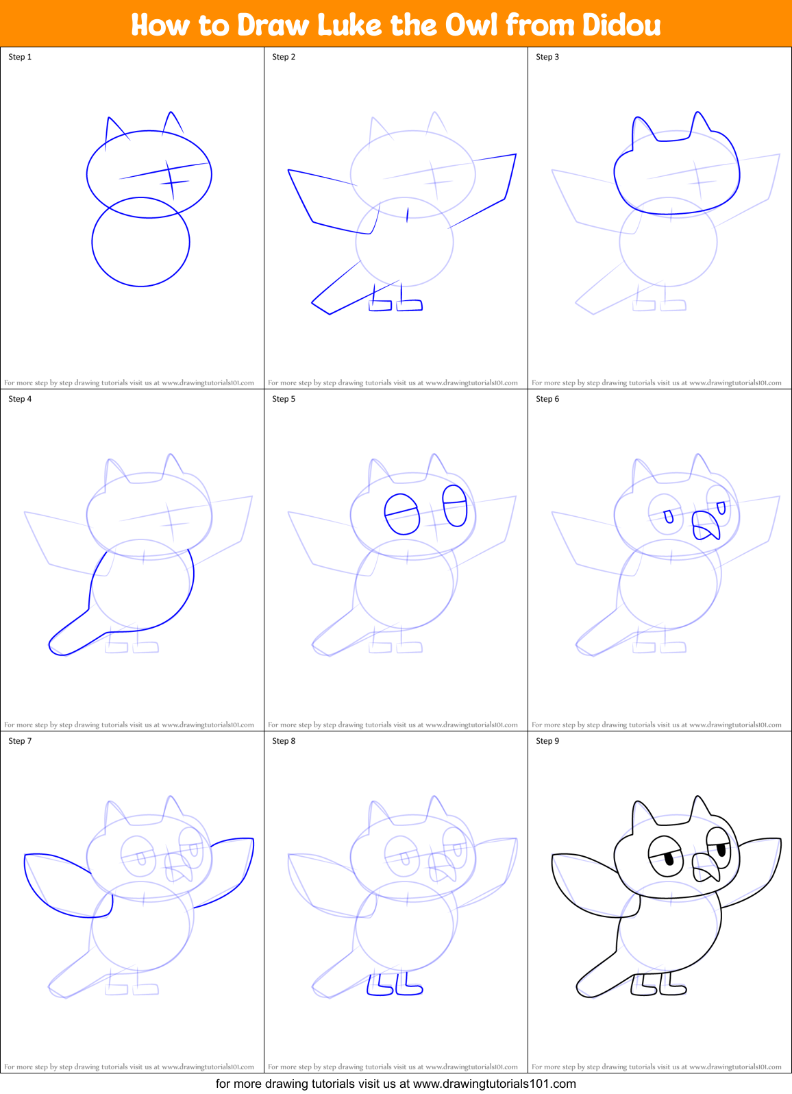 How to Draw Luke the Owl from Didou Printable Step by Step