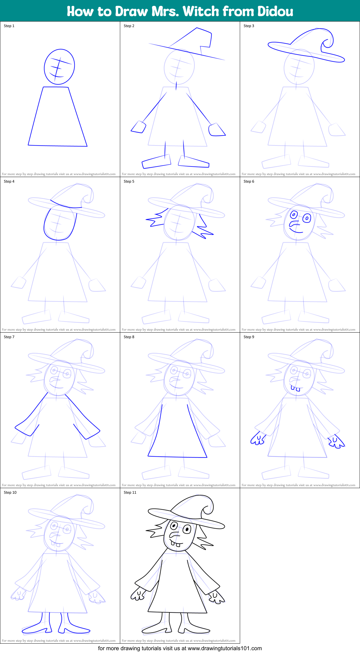 How to Draw Mrs. Witch from Didou Printable Step by Step
