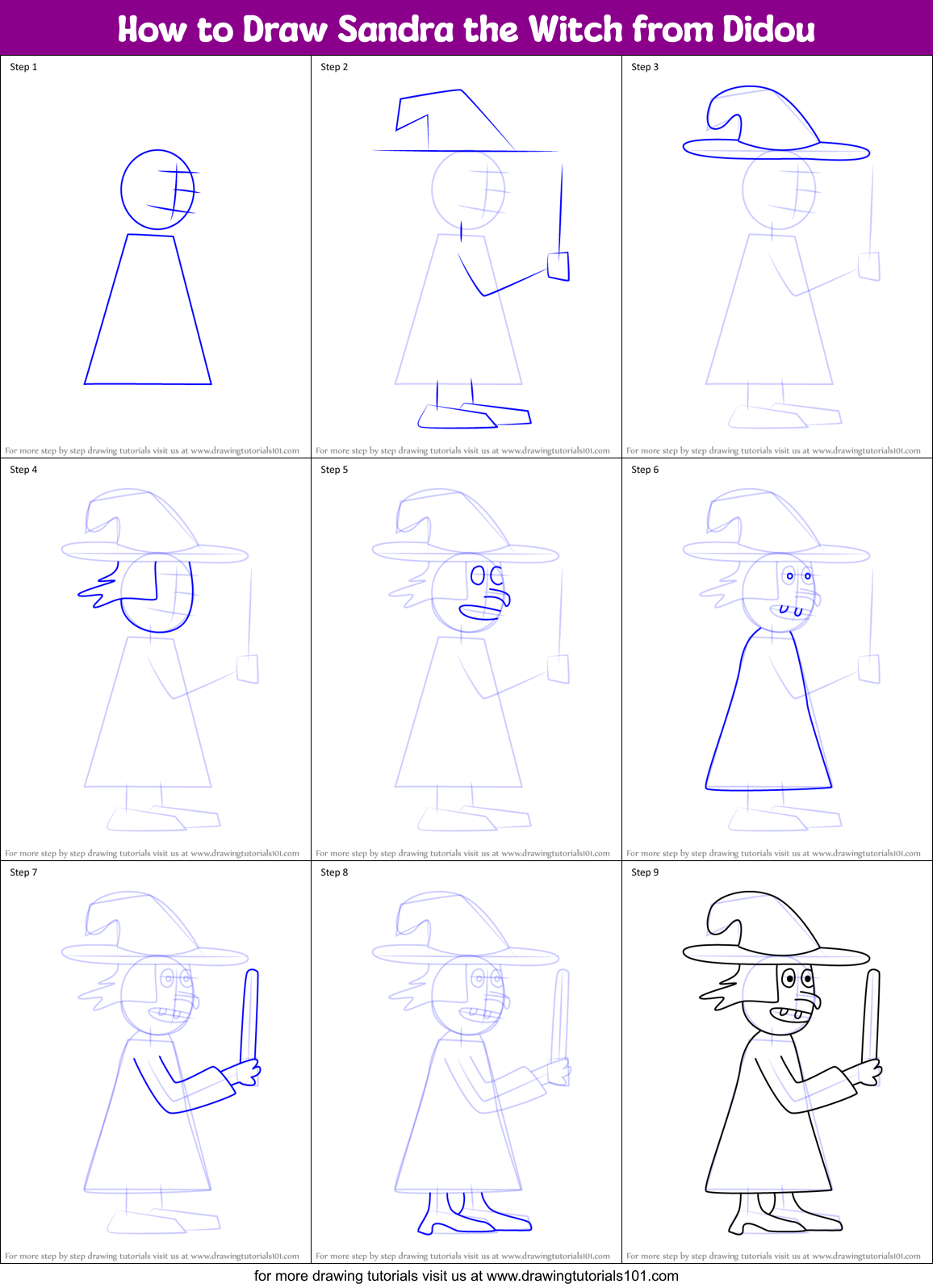 How to Draw Sandra the Witch from Didou Printable Step by Step