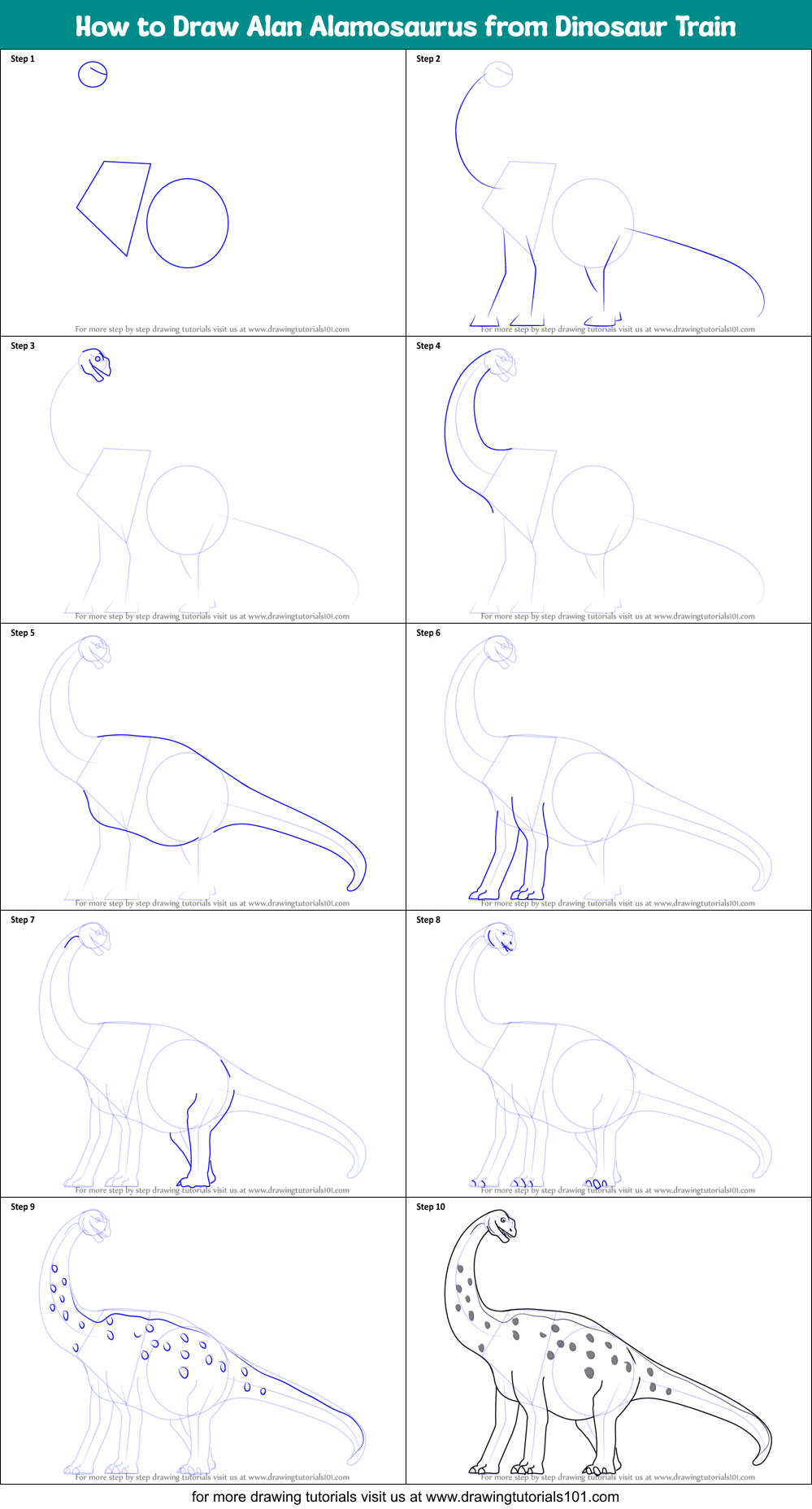 How to Draw Alan Alamosaurus from Dinosaur Train Printable Step by Step