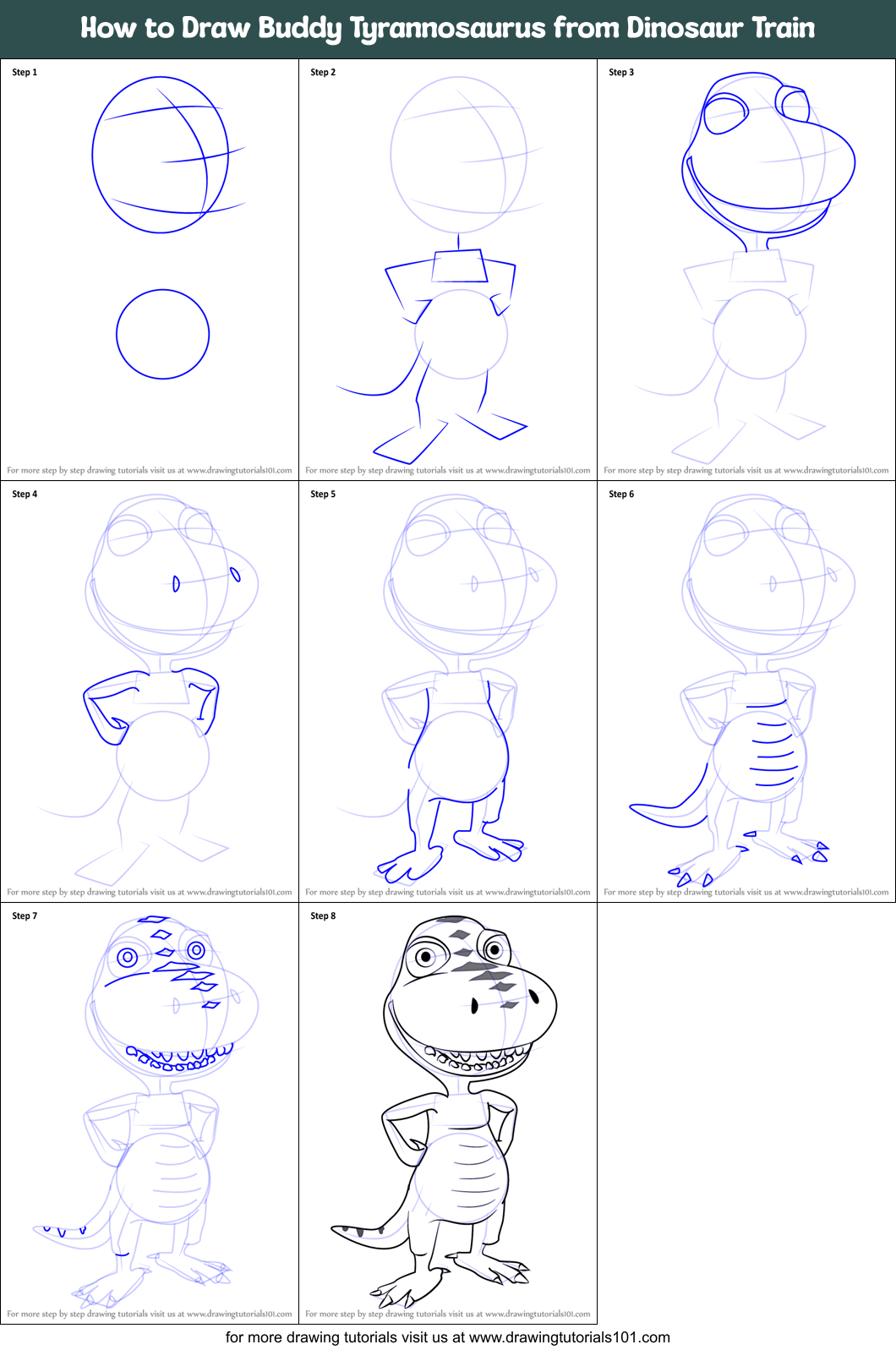 How to Draw Buddy Tyrannosaurus from Dinosaur Train Printable Step by Step