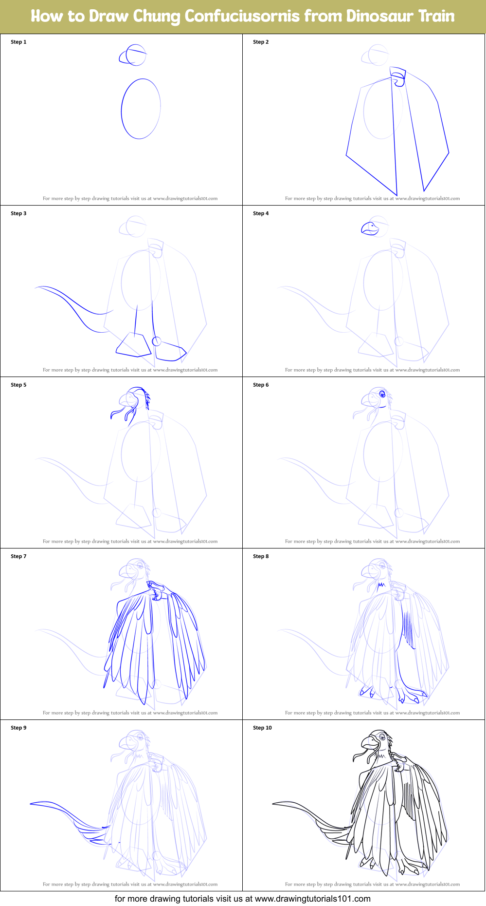 How to Draw Chung Confuciusornis from Dinosaur Train Printable Step by Step