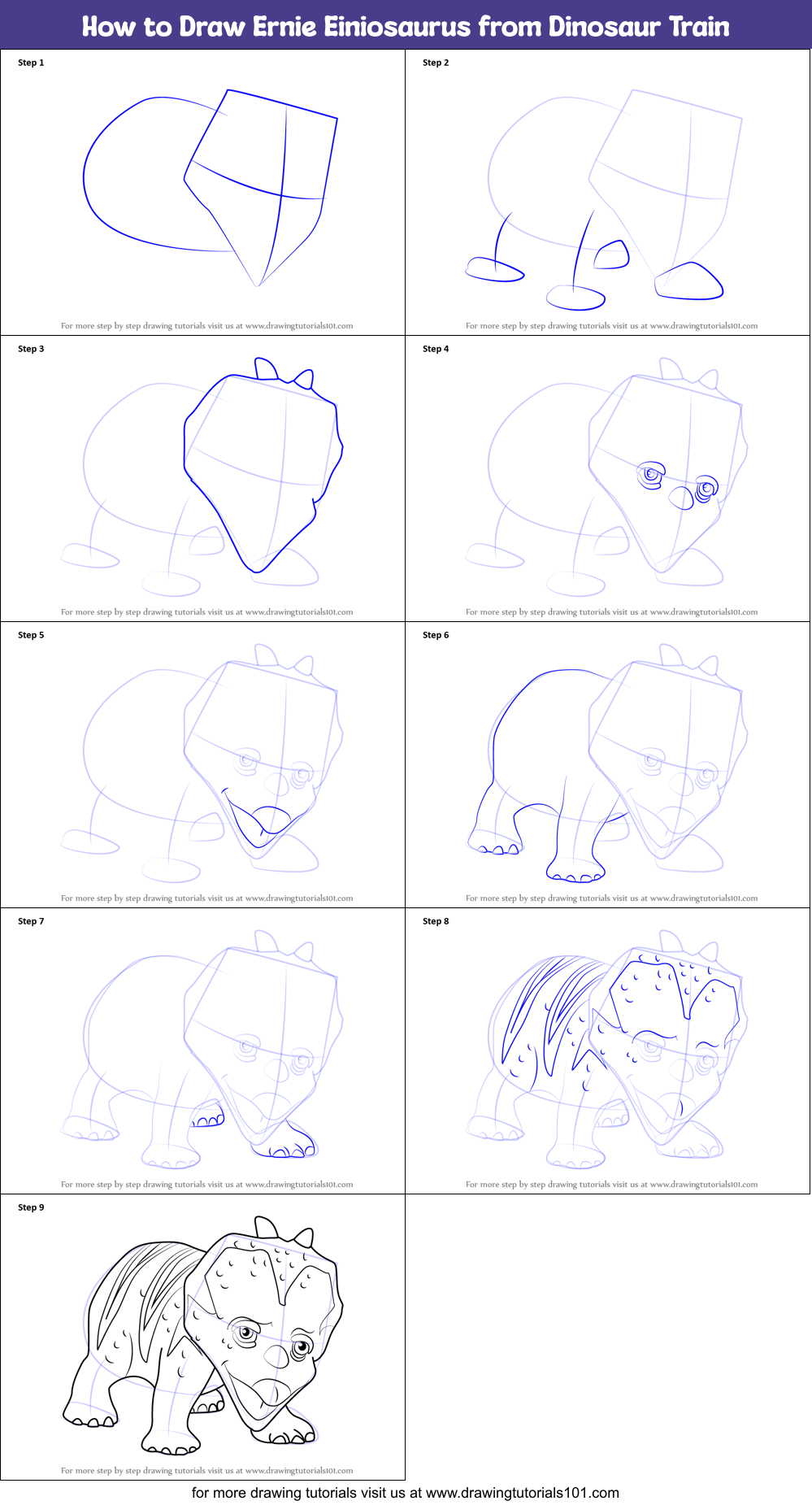 How to Draw Ernie Einiosaurus from Dinosaur Train Printable Step by Step