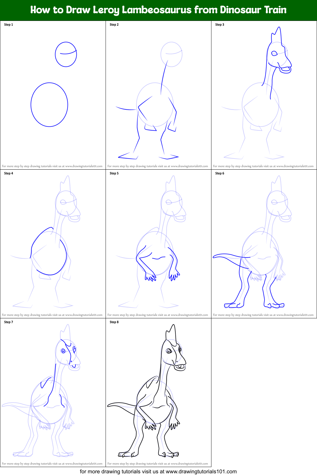 How to Draw Leroy Lambeosaurus from Dinosaur Train Printable Step by Step