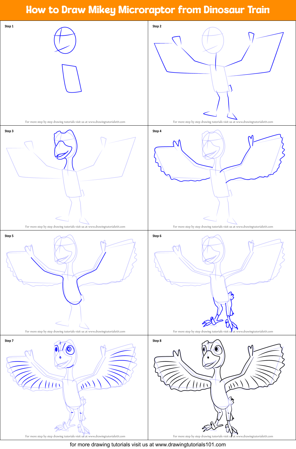 Download How to Draw Mikey Microraptor from Dinosaur Train printable step by step drawing sheet ...