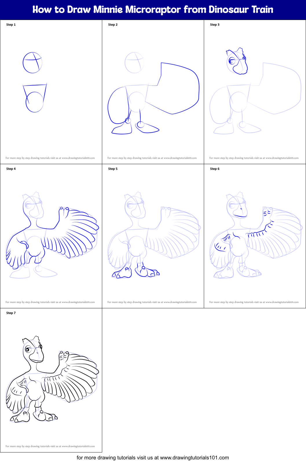 Download How to Draw Minnie Microraptor from Dinosaur Train printable step by step drawing sheet ...