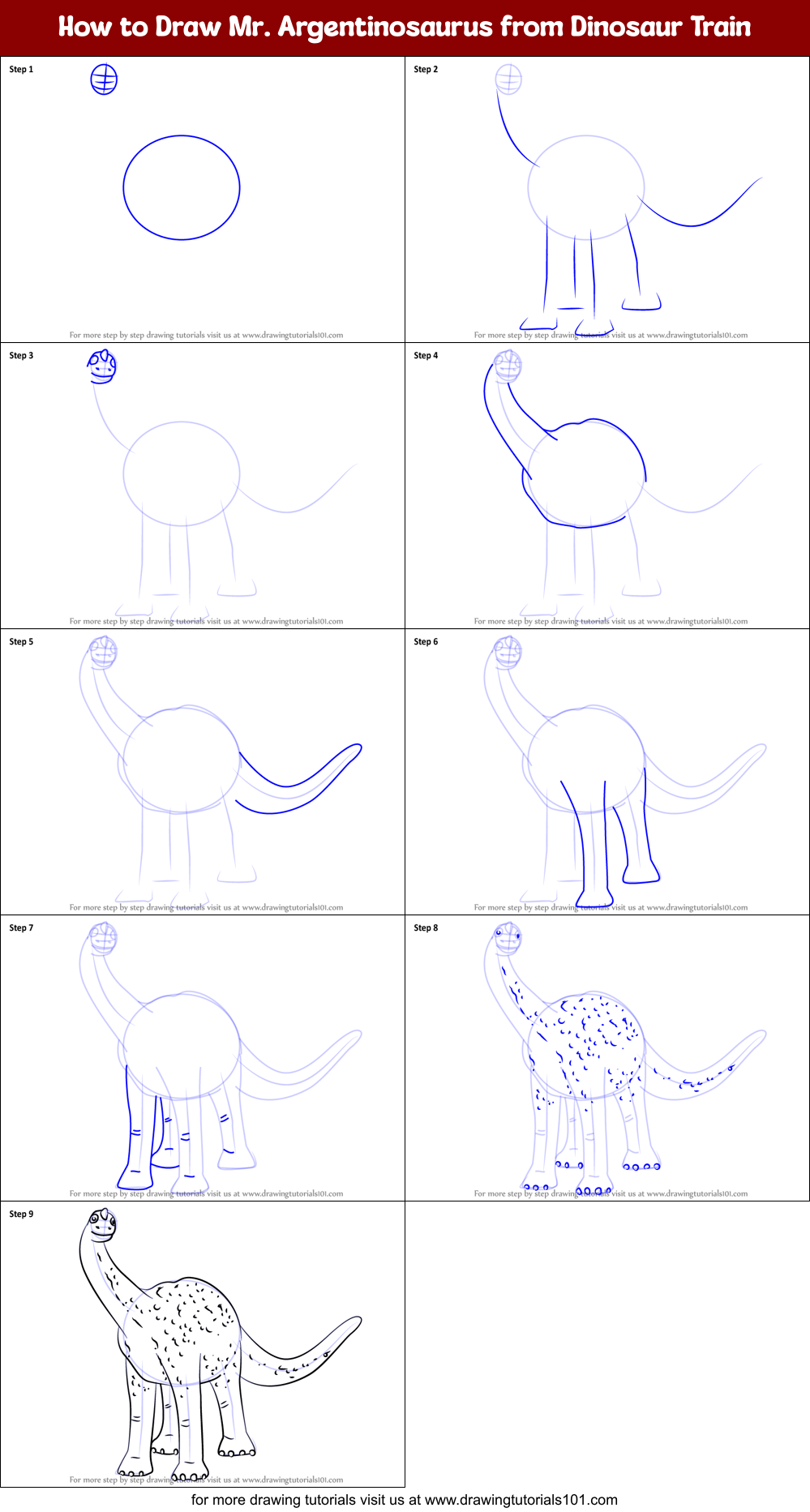 How to Draw Mr. Argentinosaurus from Dinosaur Train Printable Step by Step