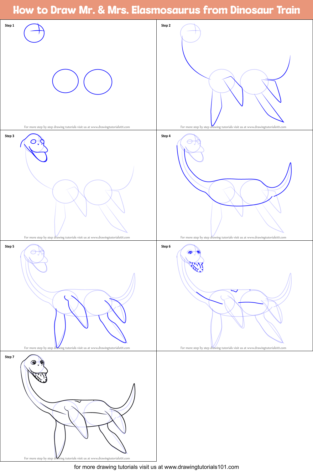 How to Draw Mr. & Mrs. Elasmosaurus from Dinosaur Train Printable Step by Step