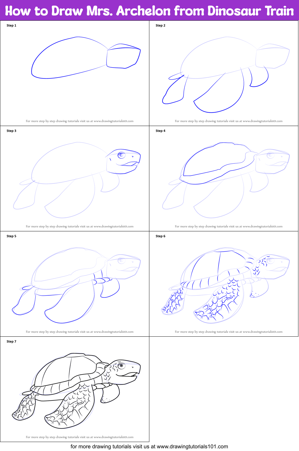 How to Draw Mrs. Archelon from Dinosaur Train Printable Step by Step
