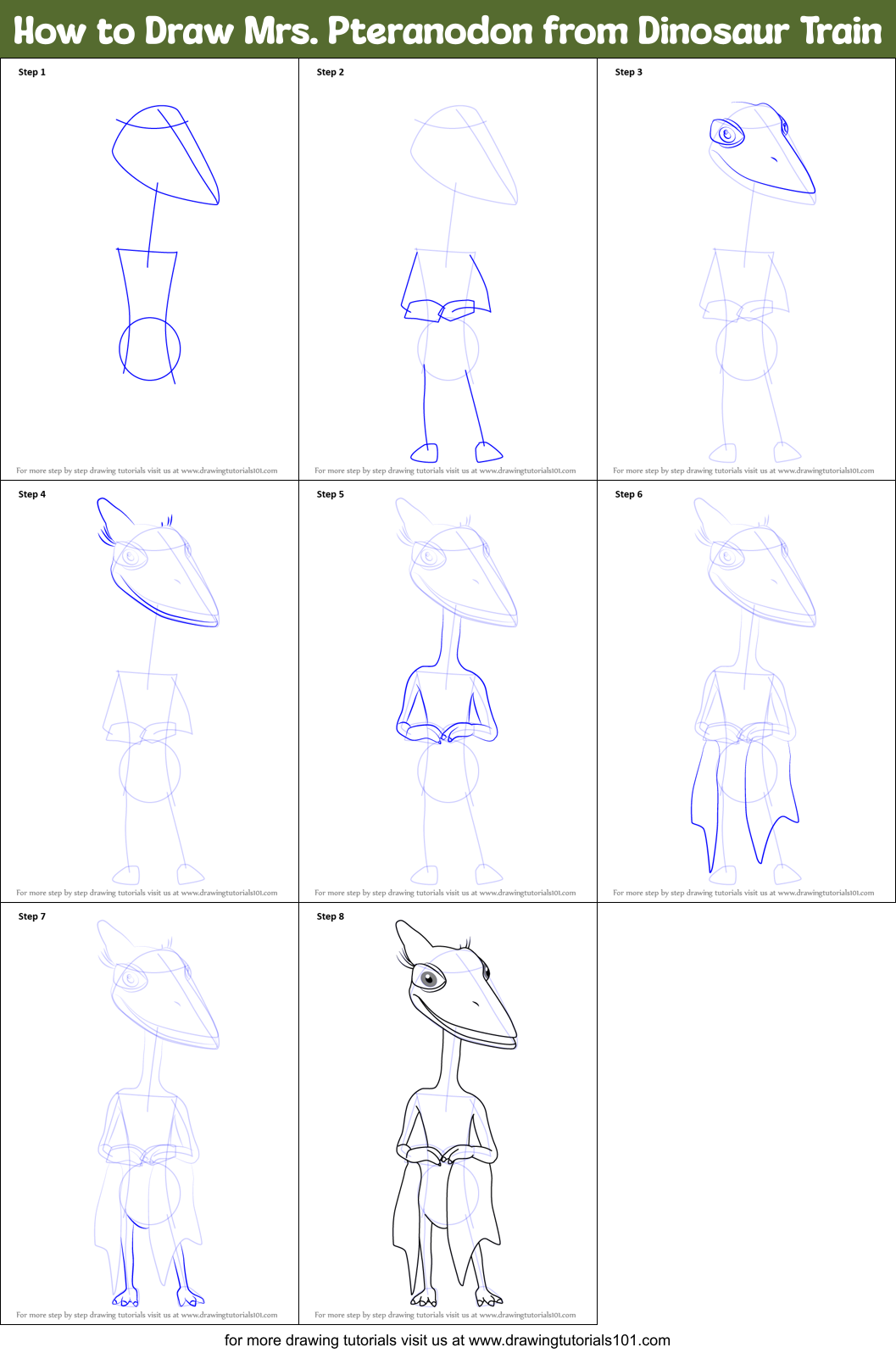 How to Draw Mrs. Pteranodon from Dinosaur Train Printable Step by Step