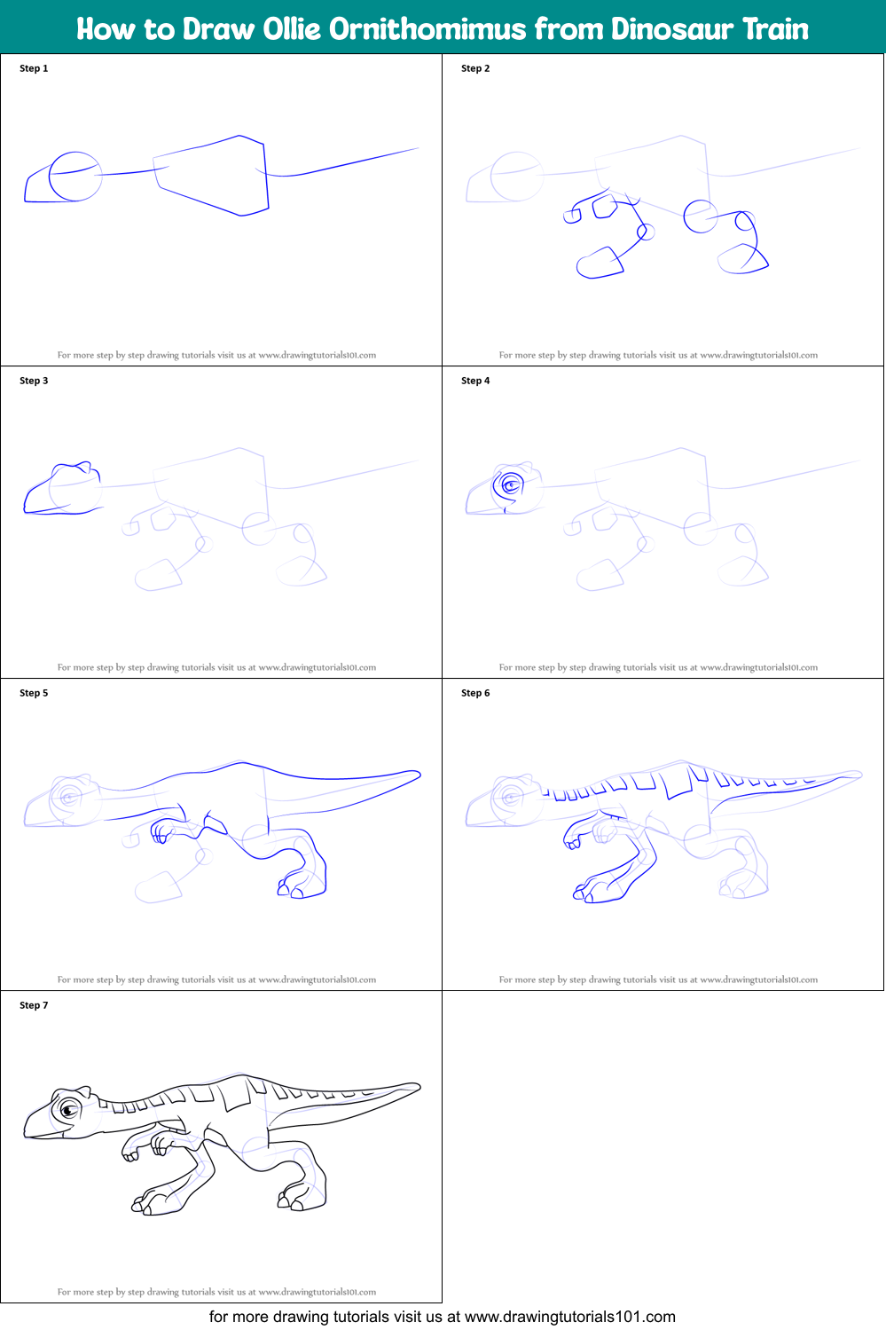 How to Draw Ollie Ornithomimus from Dinosaur Train Printable Step by Step