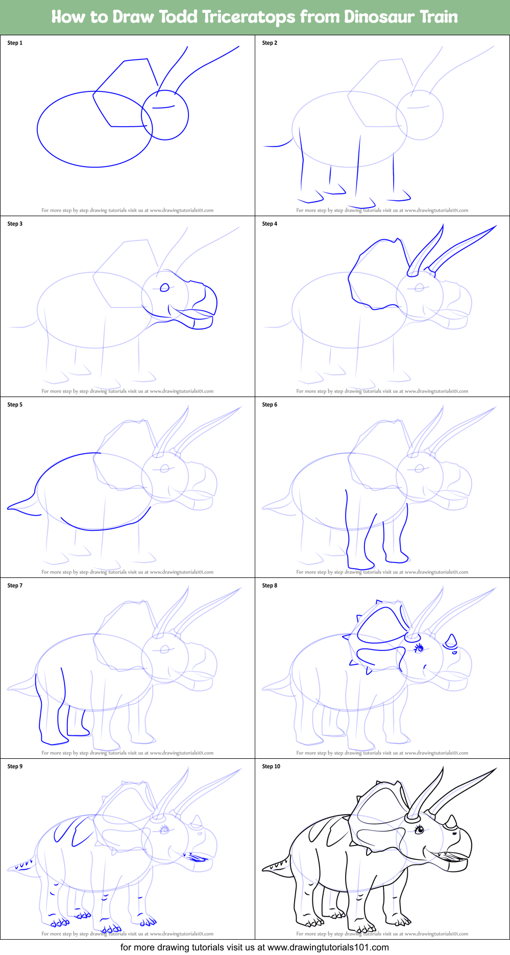 How to Draw Todd Triceratops from Dinosaur Train Printable Step by Step