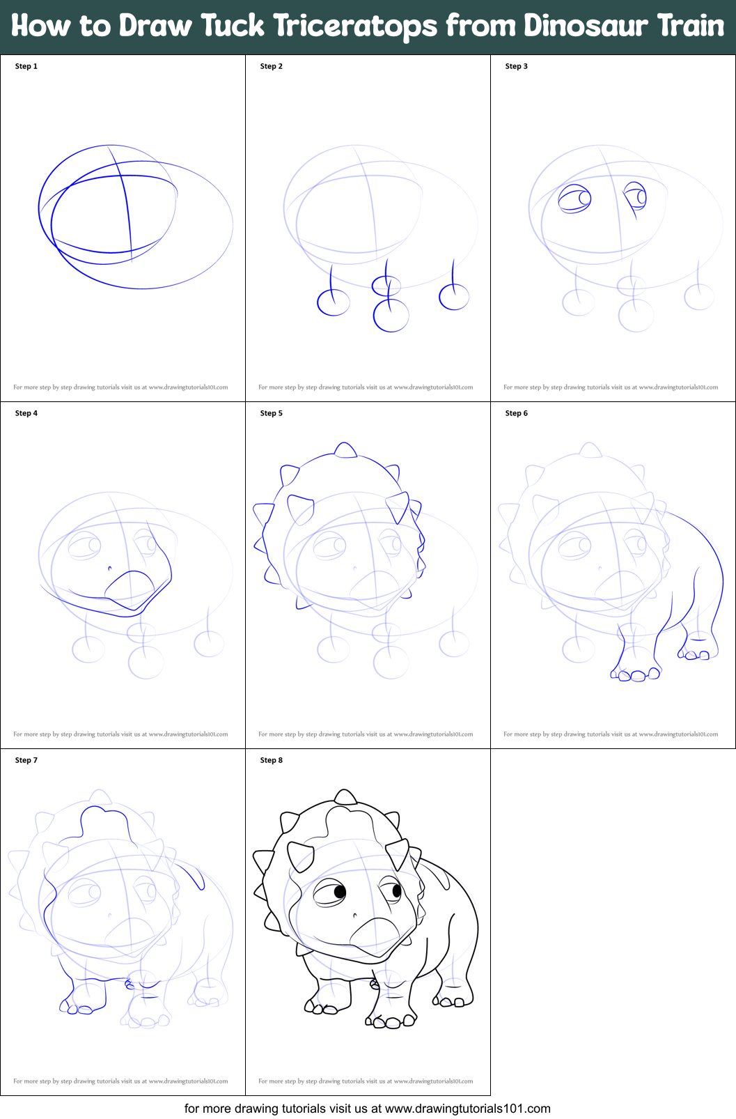How to Draw Tuck Triceratops from Dinosaur Train Printable Step by Step