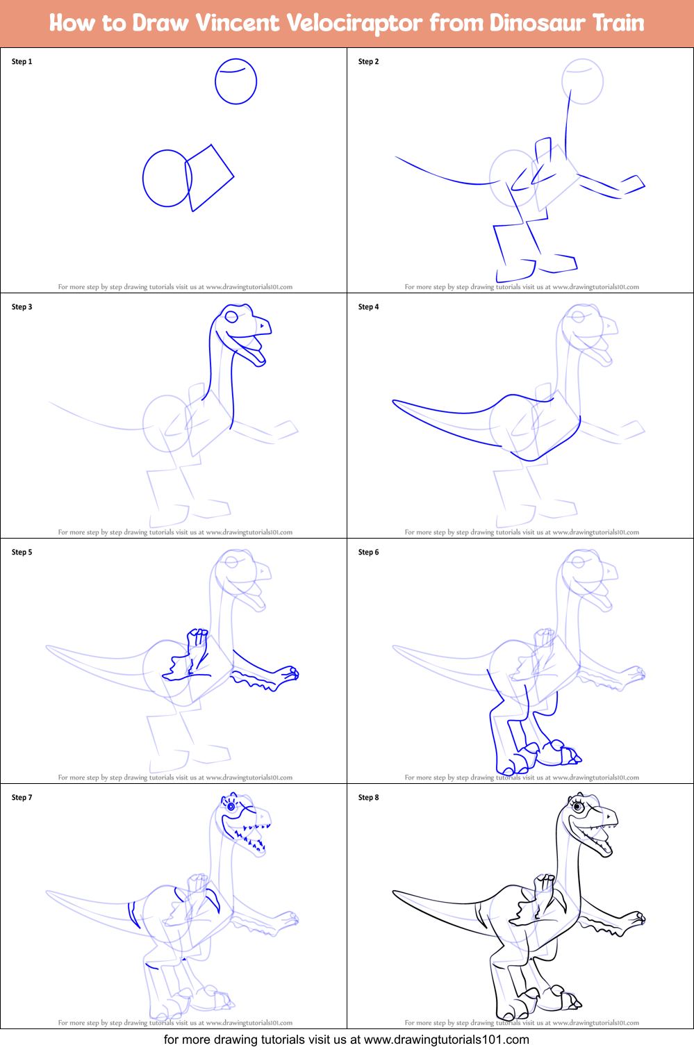 How to Draw Vincent Velociraptor from Dinosaur Train Printable Step by Step