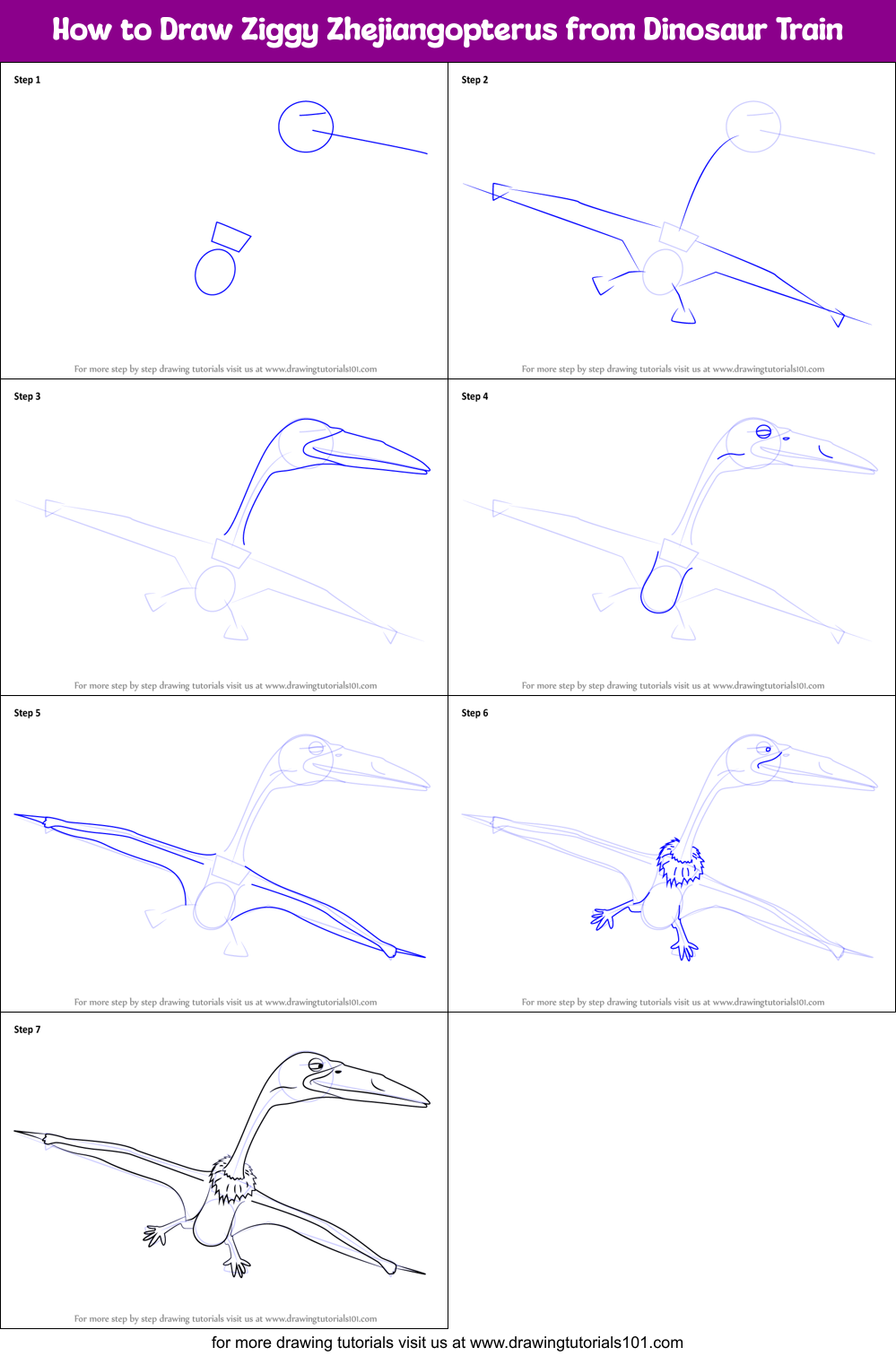 How to Draw Ziggy Zhejiangopterus from Dinosaur Train Printable Step by Step