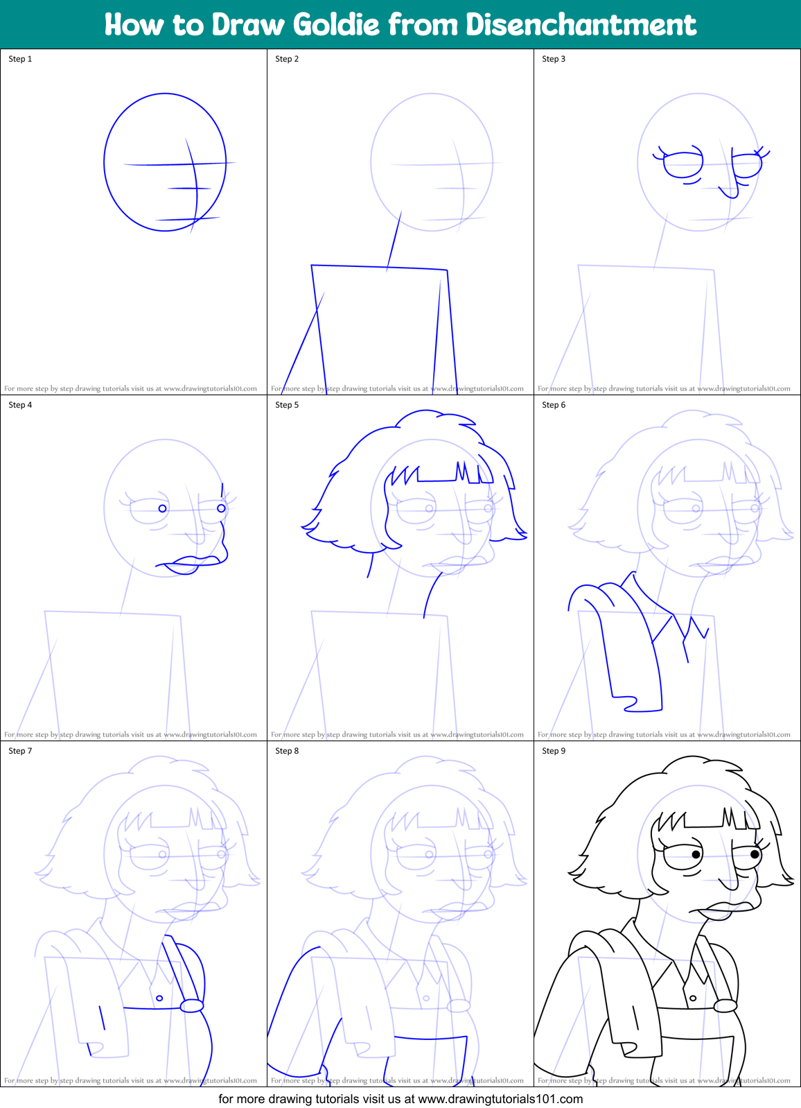 How to Draw Goldie from Disenchantment Printable Step by Step