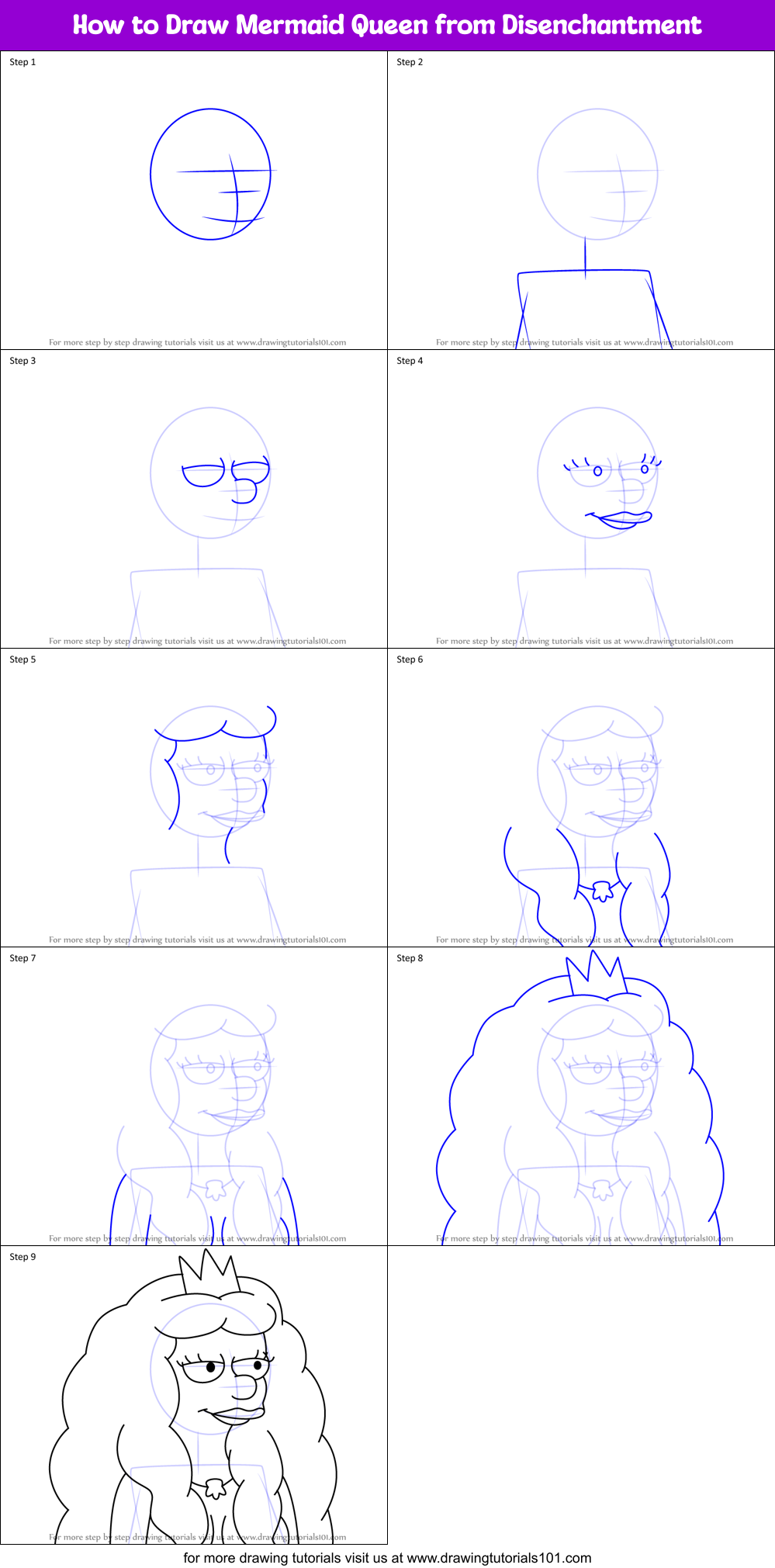 How to Draw Mermaid Queen from Disenchantment Printable Step by Step