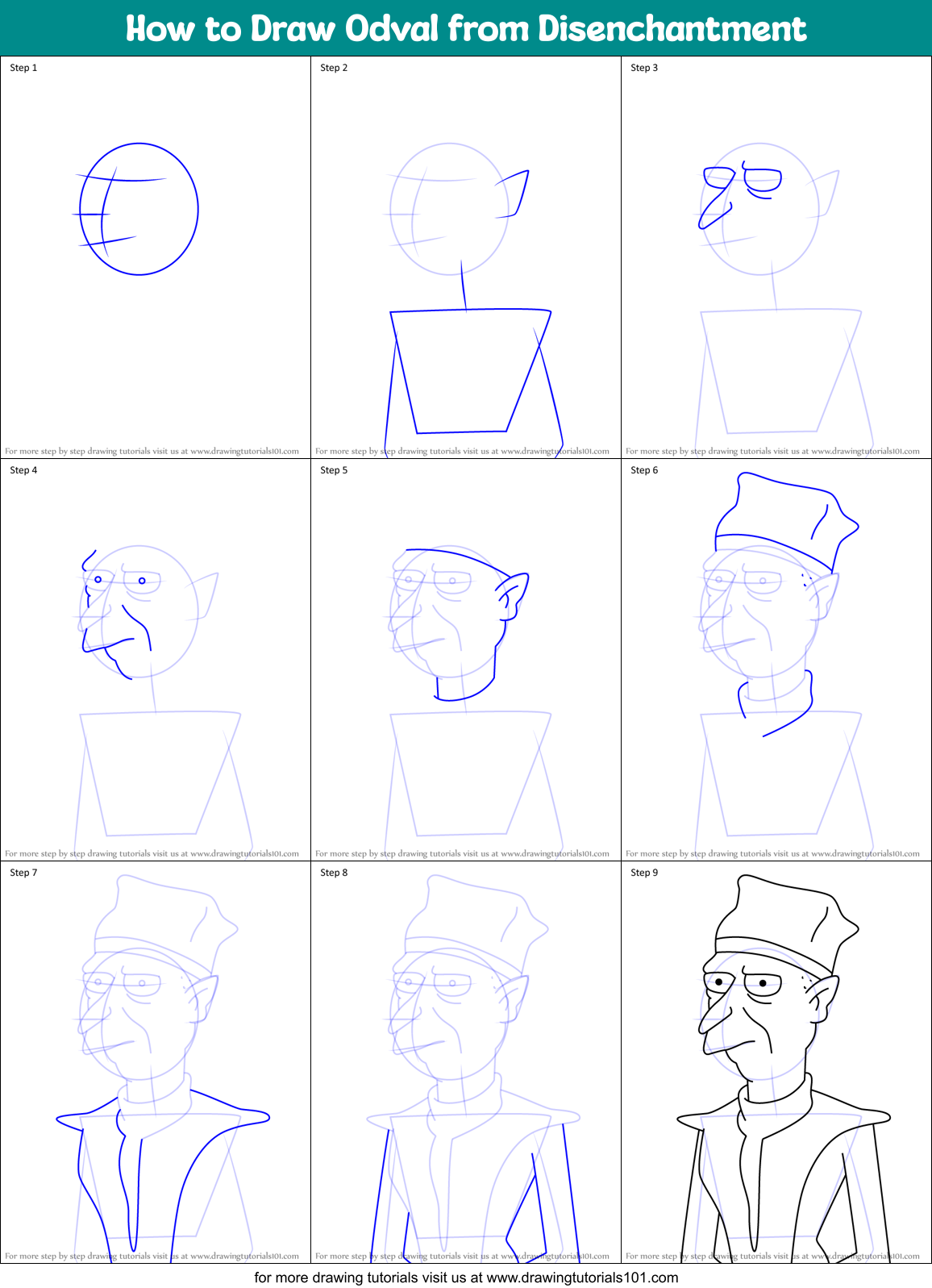 How to Draw Odval from Disenchantment Printable Step by Step