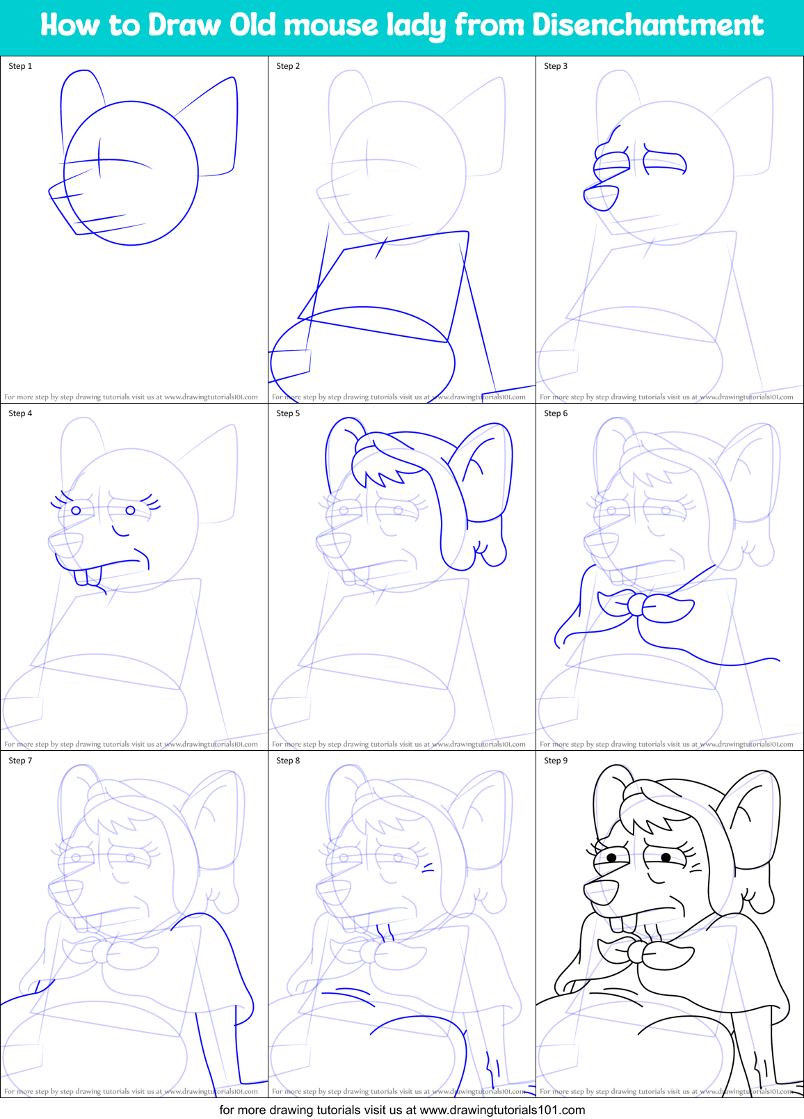 How to Draw Old mouse lady from Disenchantment Printable Step by Step