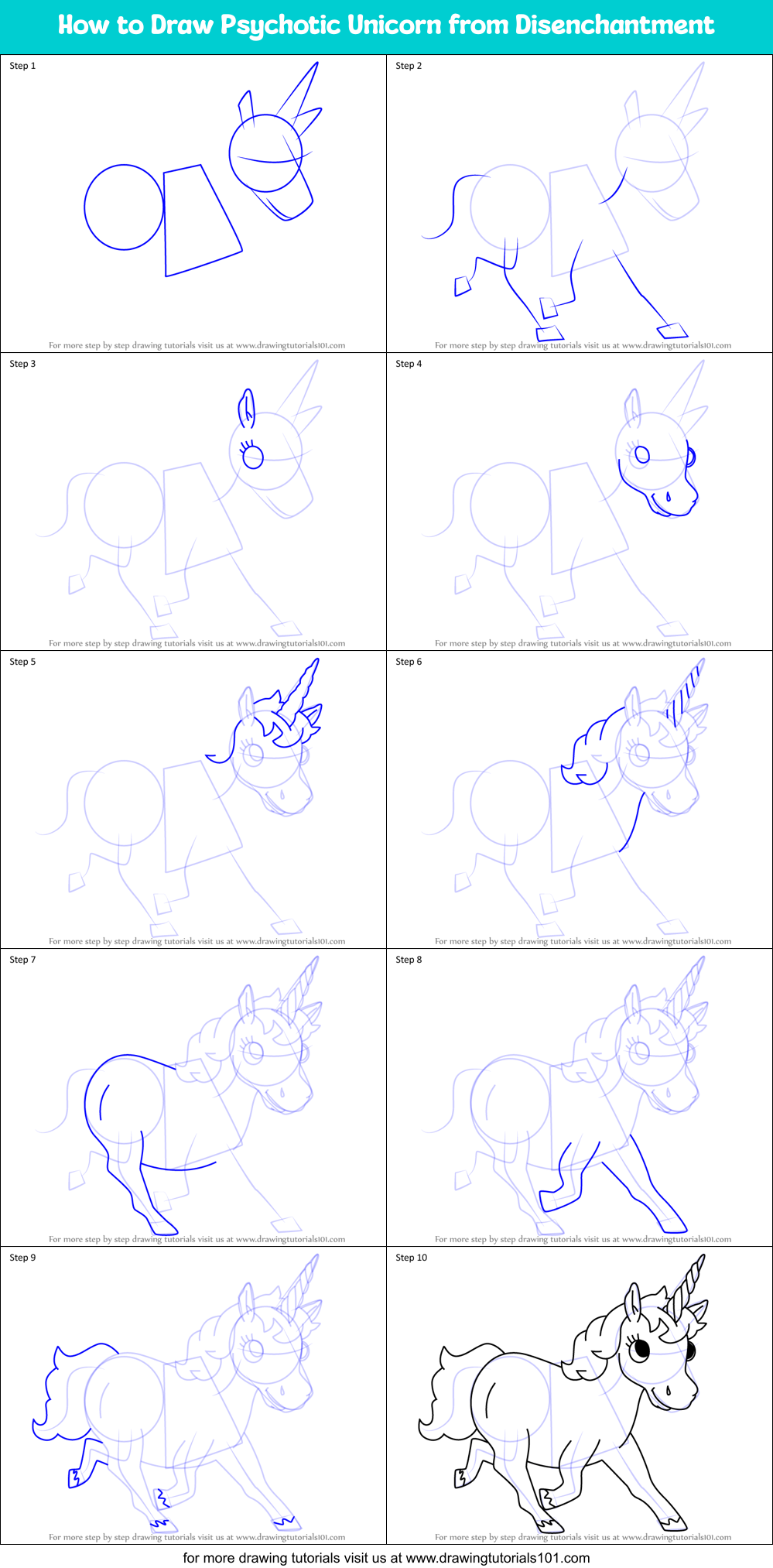 How to Draw Psychotic Unicorn from Disenchantment Printable Step by Step
