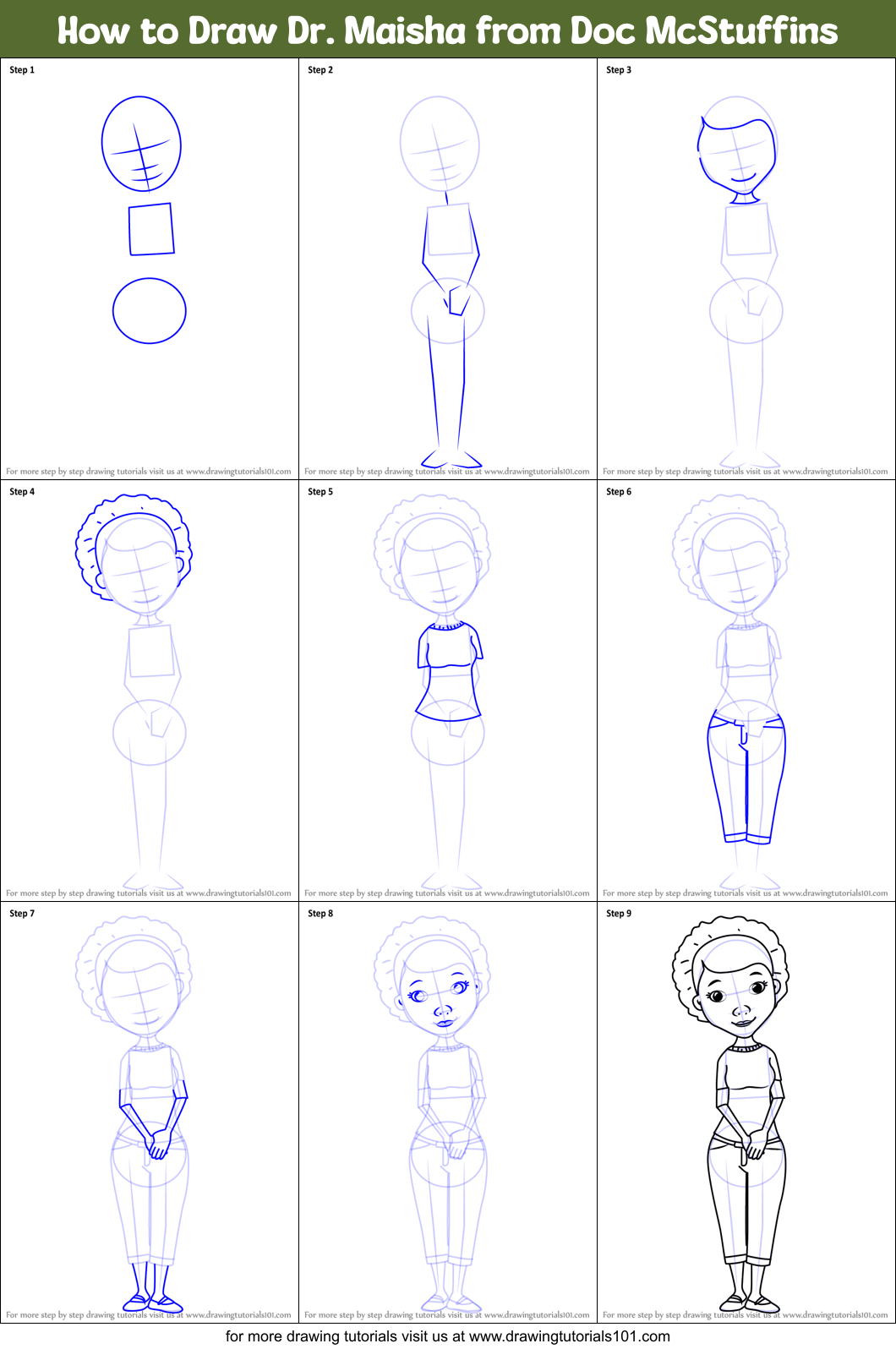 How to Draw Dr. Maisha from Doc McStuffins Printable Step by Step