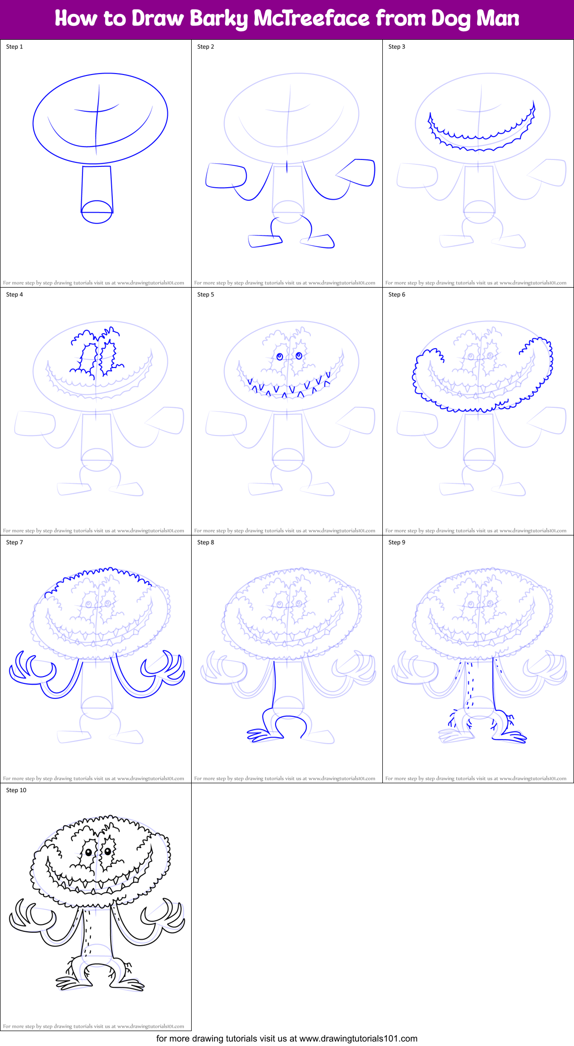 How to Draw Barky McTreeface from Dog Man Printable Step by Step
