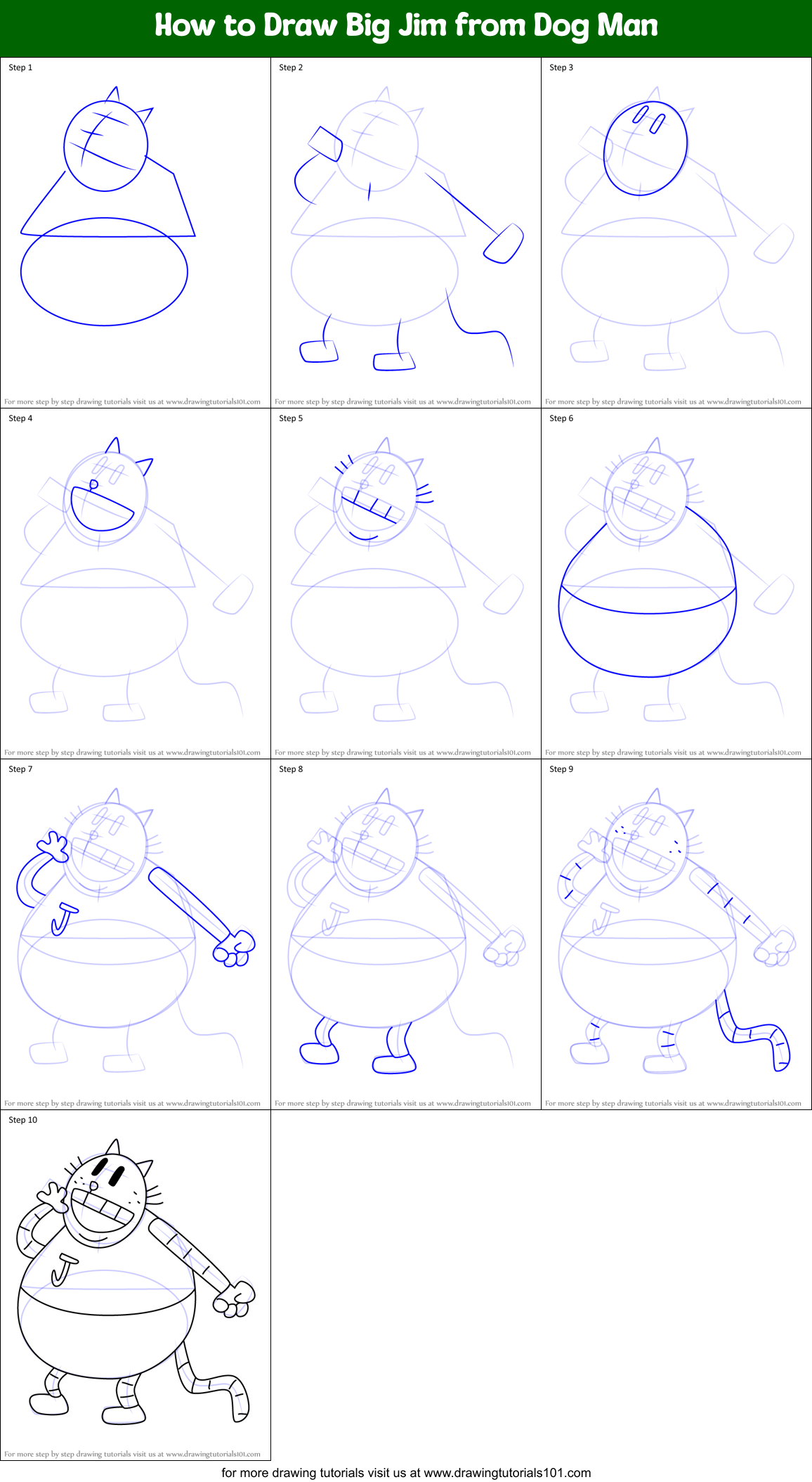 How to Draw Big Jim from Dog Man Printable Step by Step