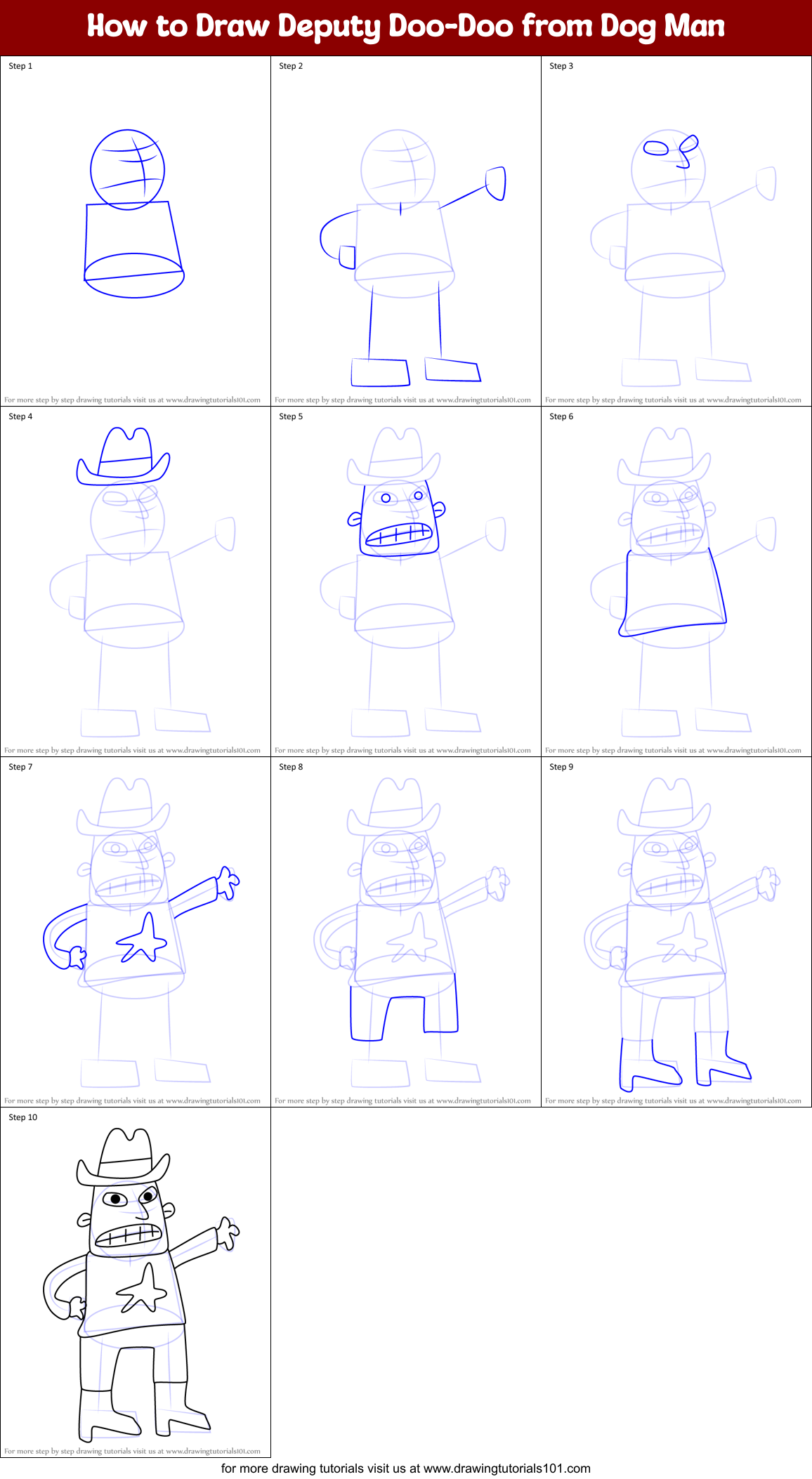 How to Draw Deputy Doo-Doo from Dog Man Printable Step by Step