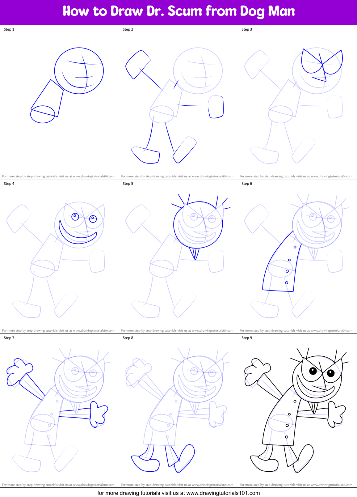 How to Draw Dr. Scum from Dog Man Printable Step by Step
