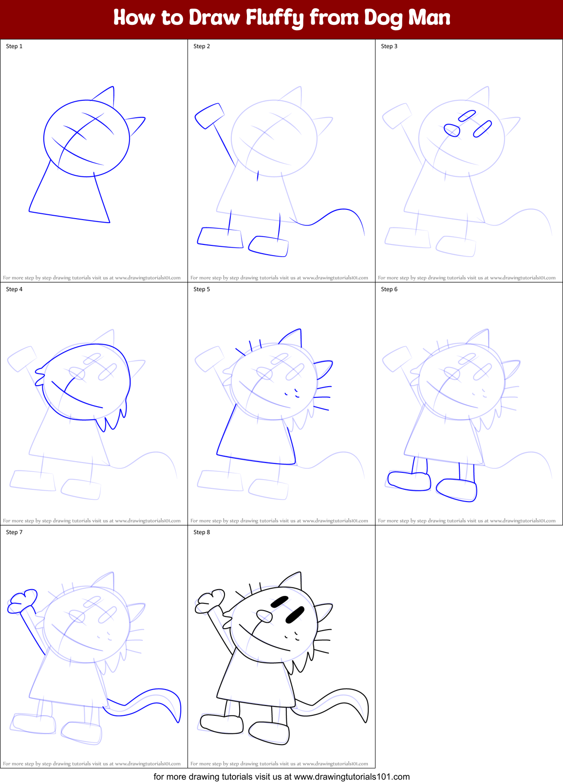 How to Draw Fluffy from Dog Man Printable Step by Step