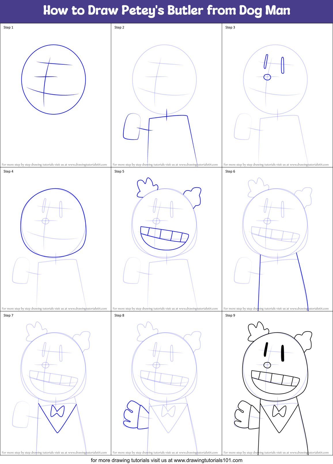 How to Draw Petey's Butler from Dog Man Printable Step by Step
