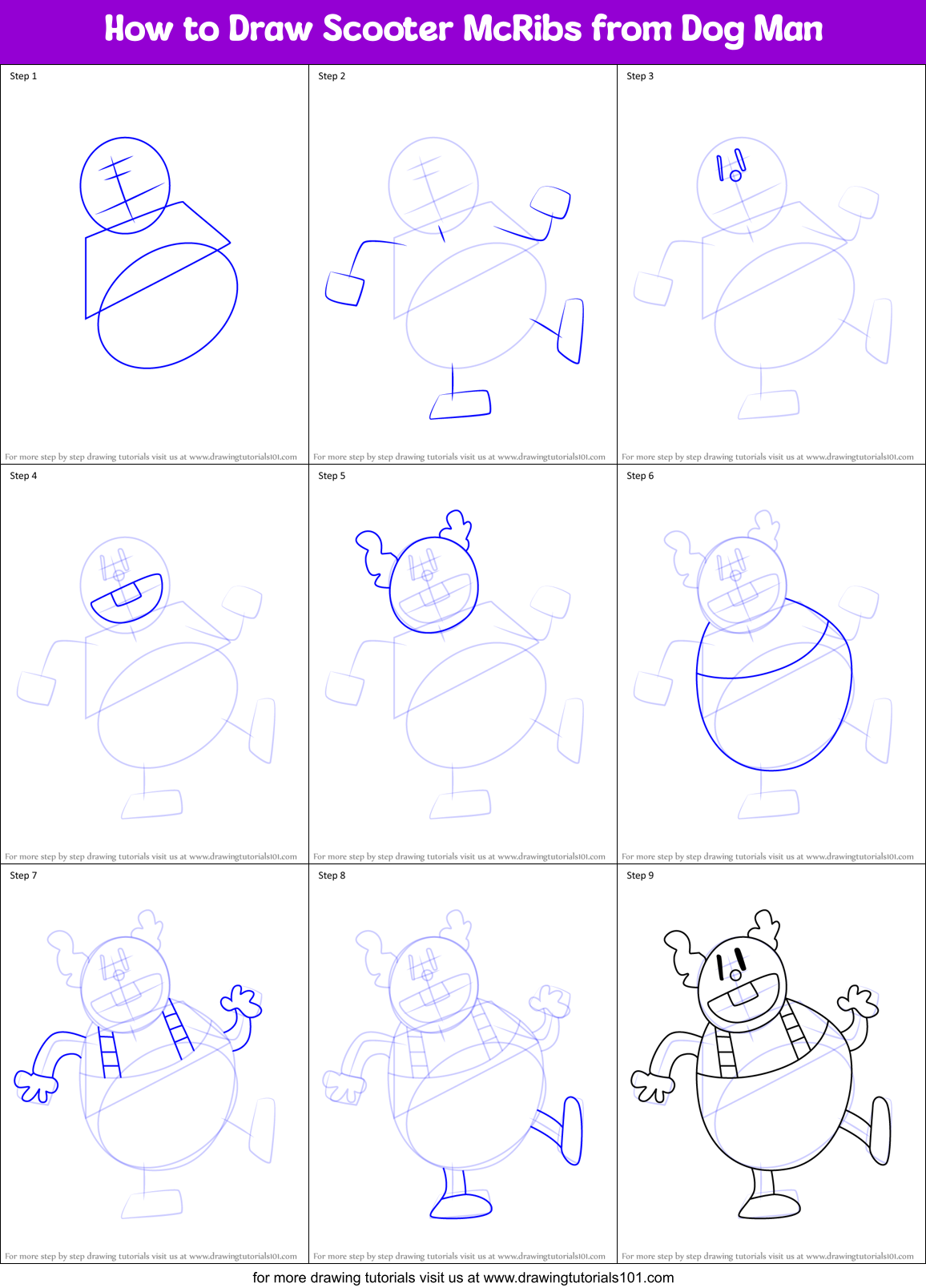 How to Draw Scooter McRibs from Dog Man Printable Step by Step
