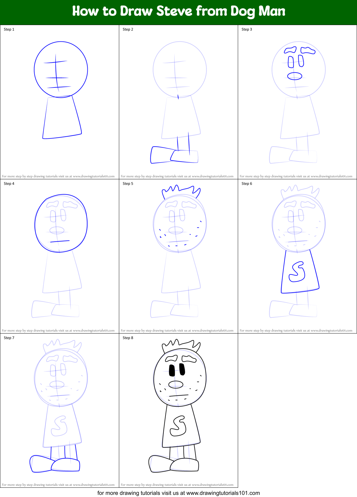 How to Draw Steve from Dog Man Printable Step by Step