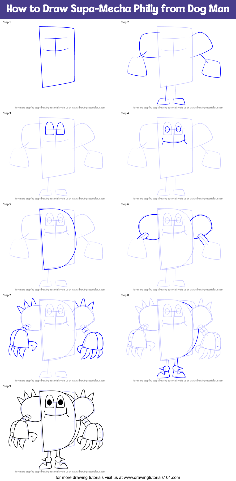 How to Draw Supa-Mecha Philly from Dog Man Printable Step by Step