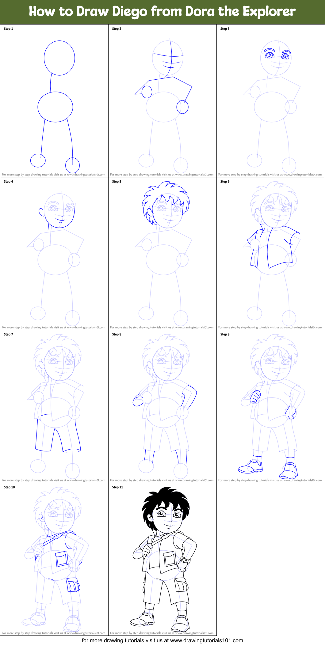 How to Draw Diego from Dora the Explorer Printable Step by Step