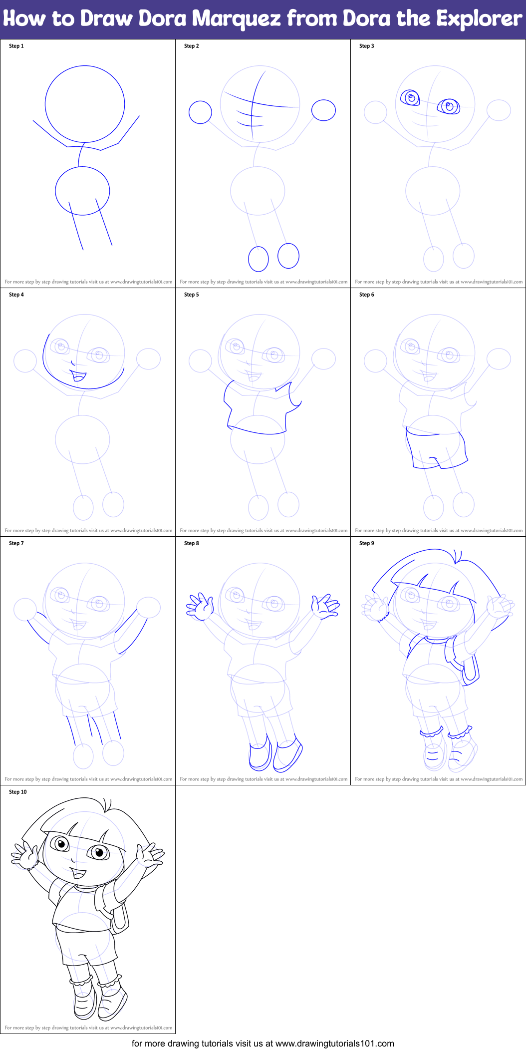 How to Draw Dora Marquez from Dora the Explorer Printable Step by Step