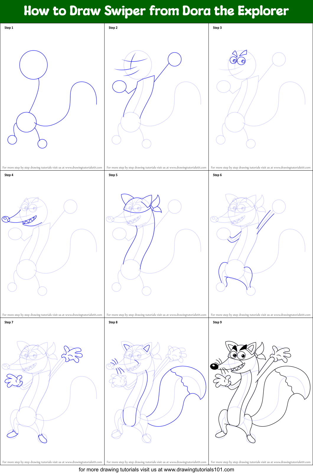 How to Draw Swiper from Dora the Explorer Printable Step by Step