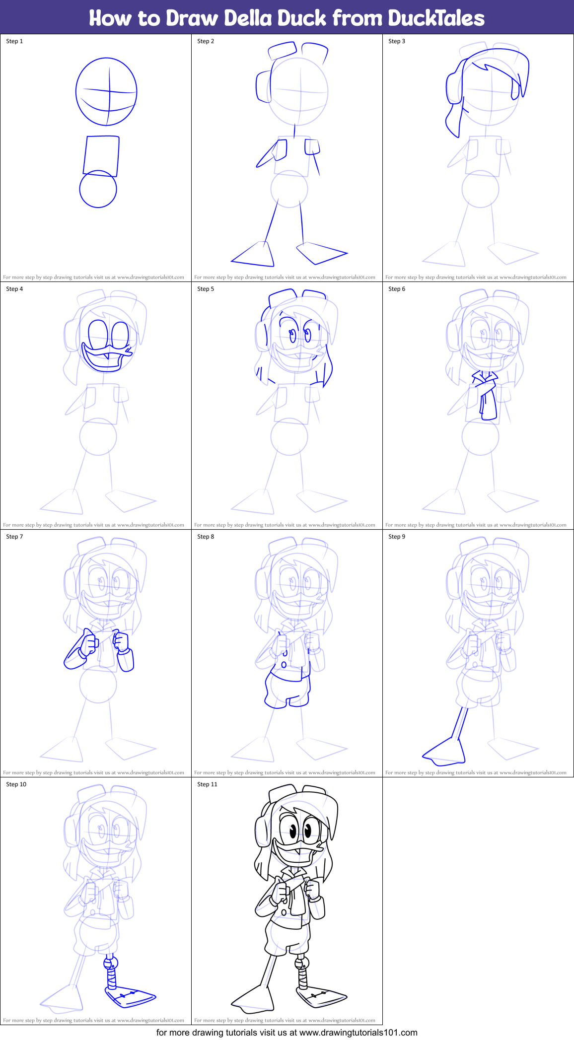How to Draw Della Duck from DuckTales Printable Step by Step