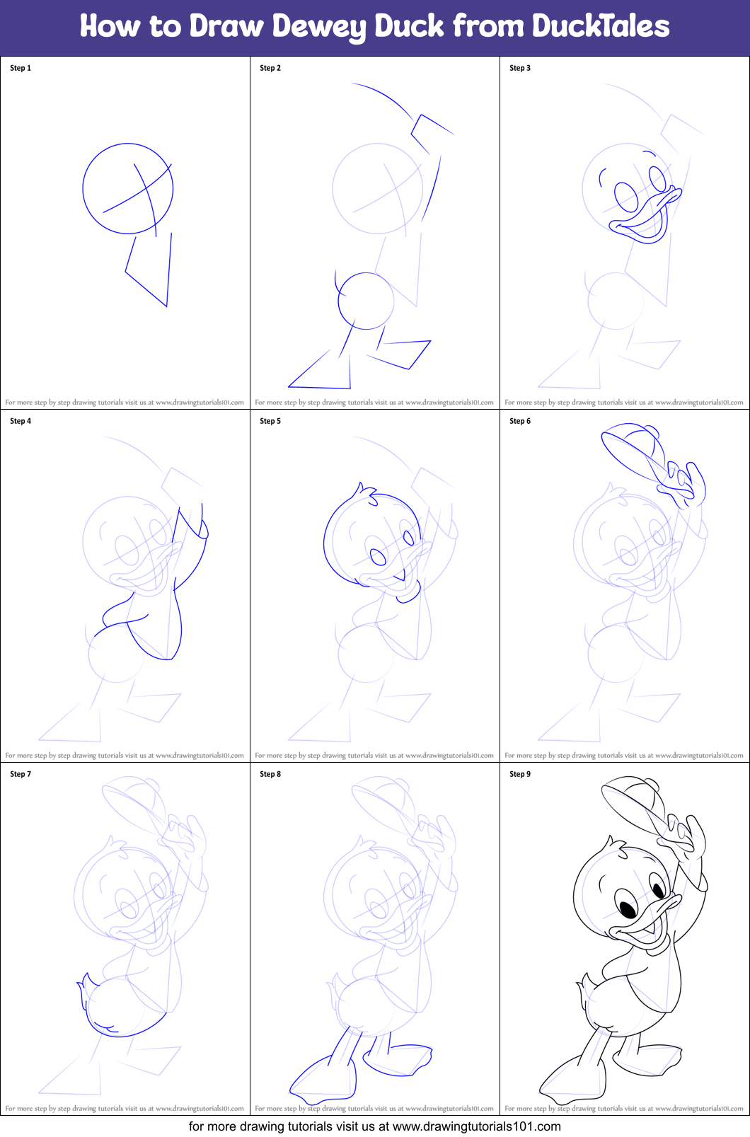 How to Draw Dewey Duck from DuckTales Printable Step by Step