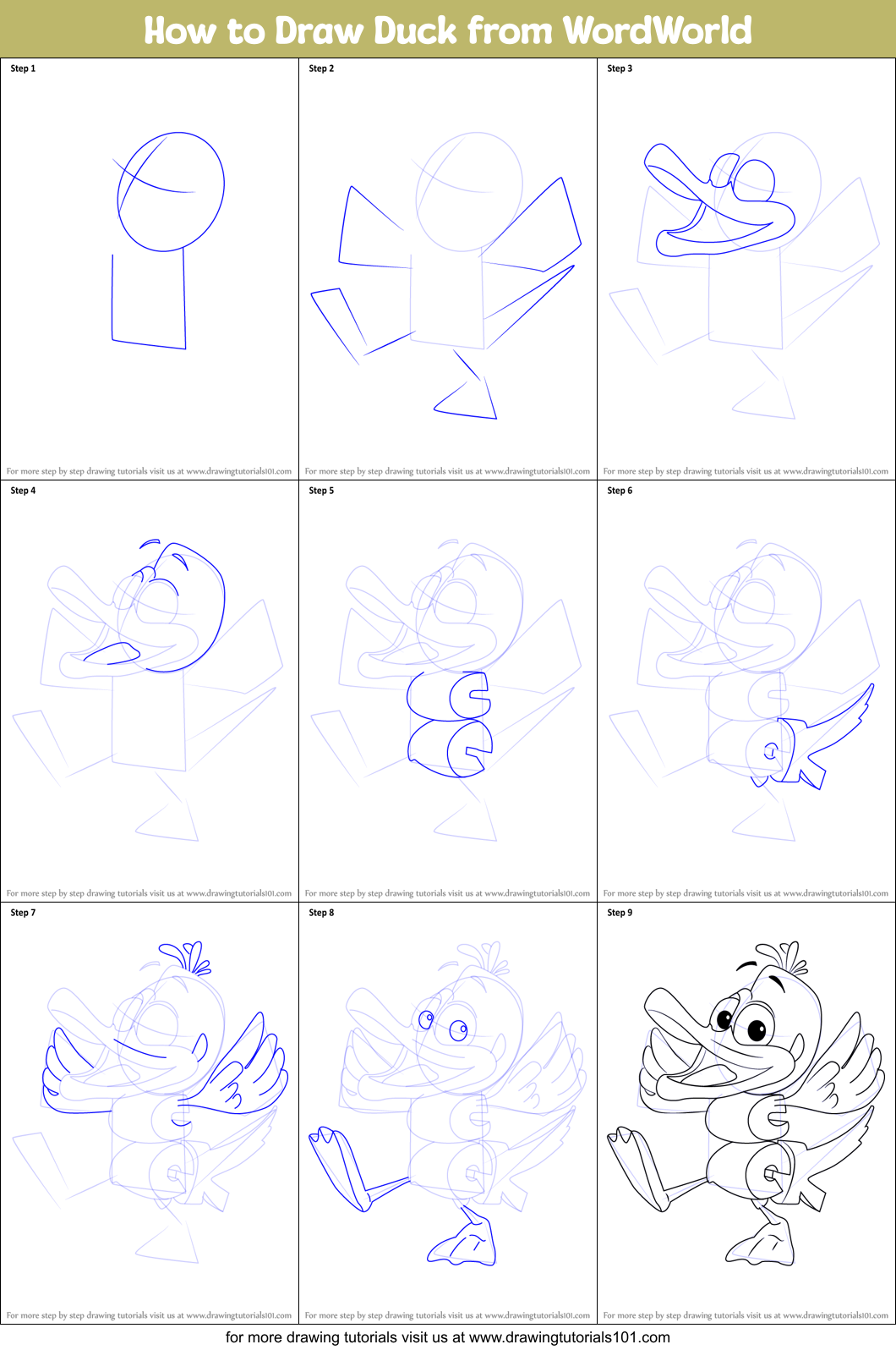 How to Draw Duck from WordWorld Printable Step by Step