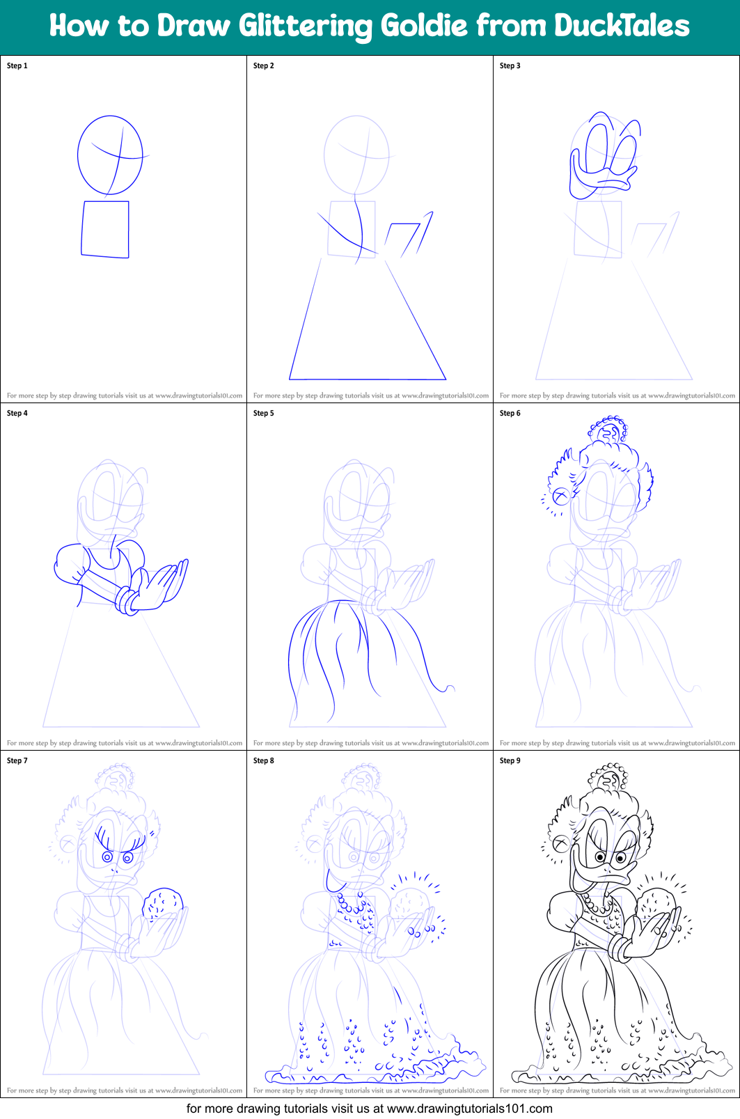 How to Draw Glittering Goldie from DuckTales Printable Step by Step