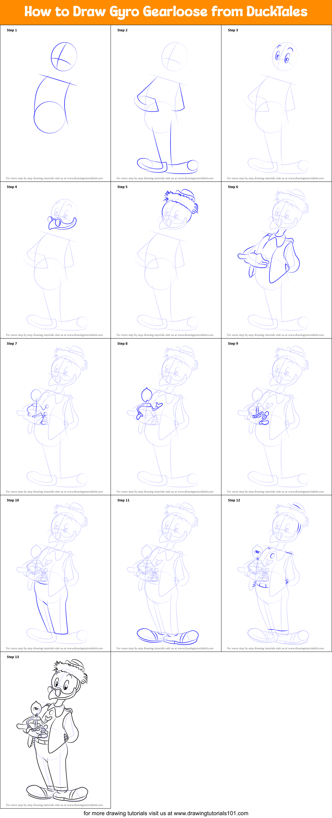 How to Draw Gyro Gearloose from DuckTales Printable Step by Step