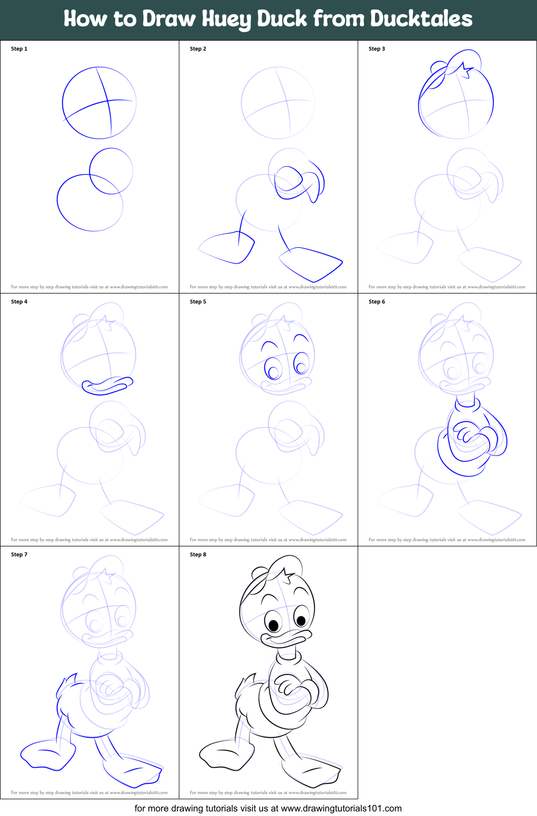 How to Draw Huey Duck from Ducktales Printable Step by Step