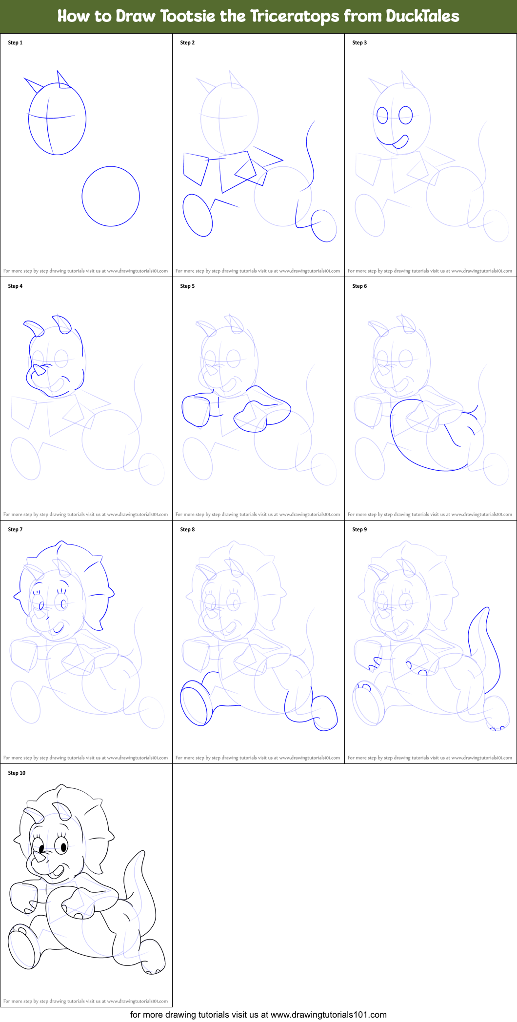 How to Draw Tootsie the Triceratops from DuckTales Printable Step by Step
