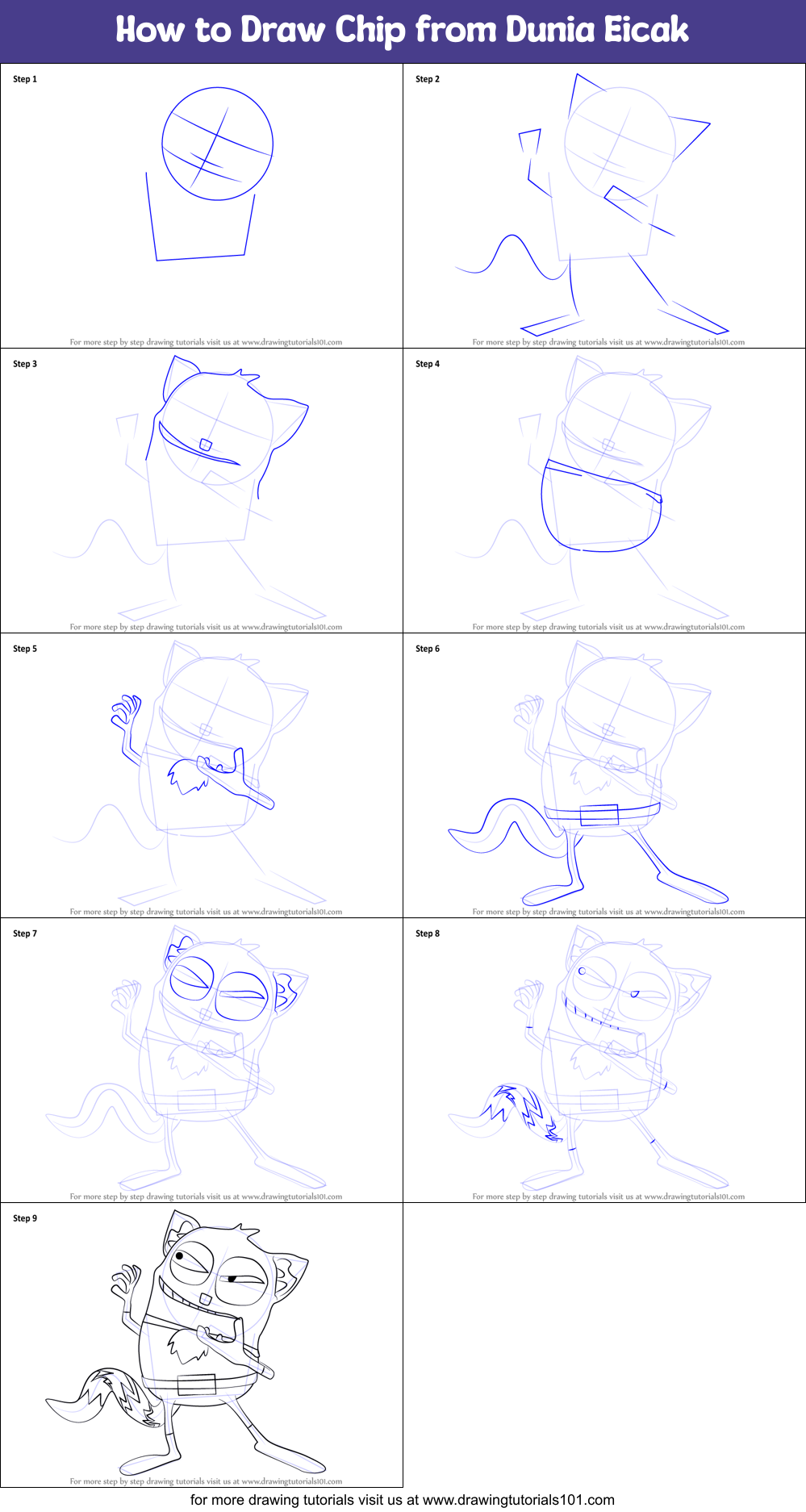 How to Draw Chip from Dunia Eicak Printable Step by Step