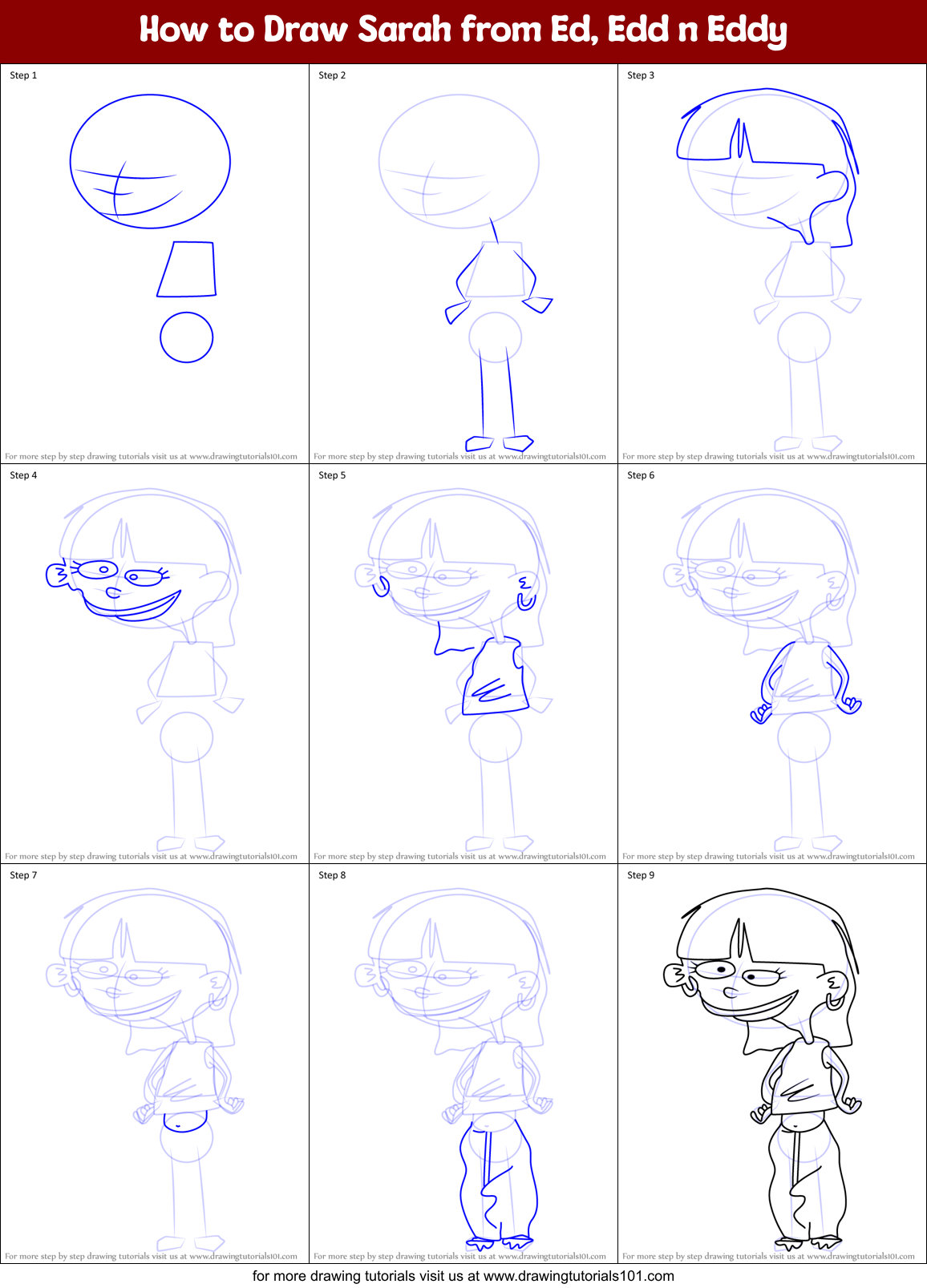 How to Draw Sarah from Ed, Edd n Eddy Printable Step by Step