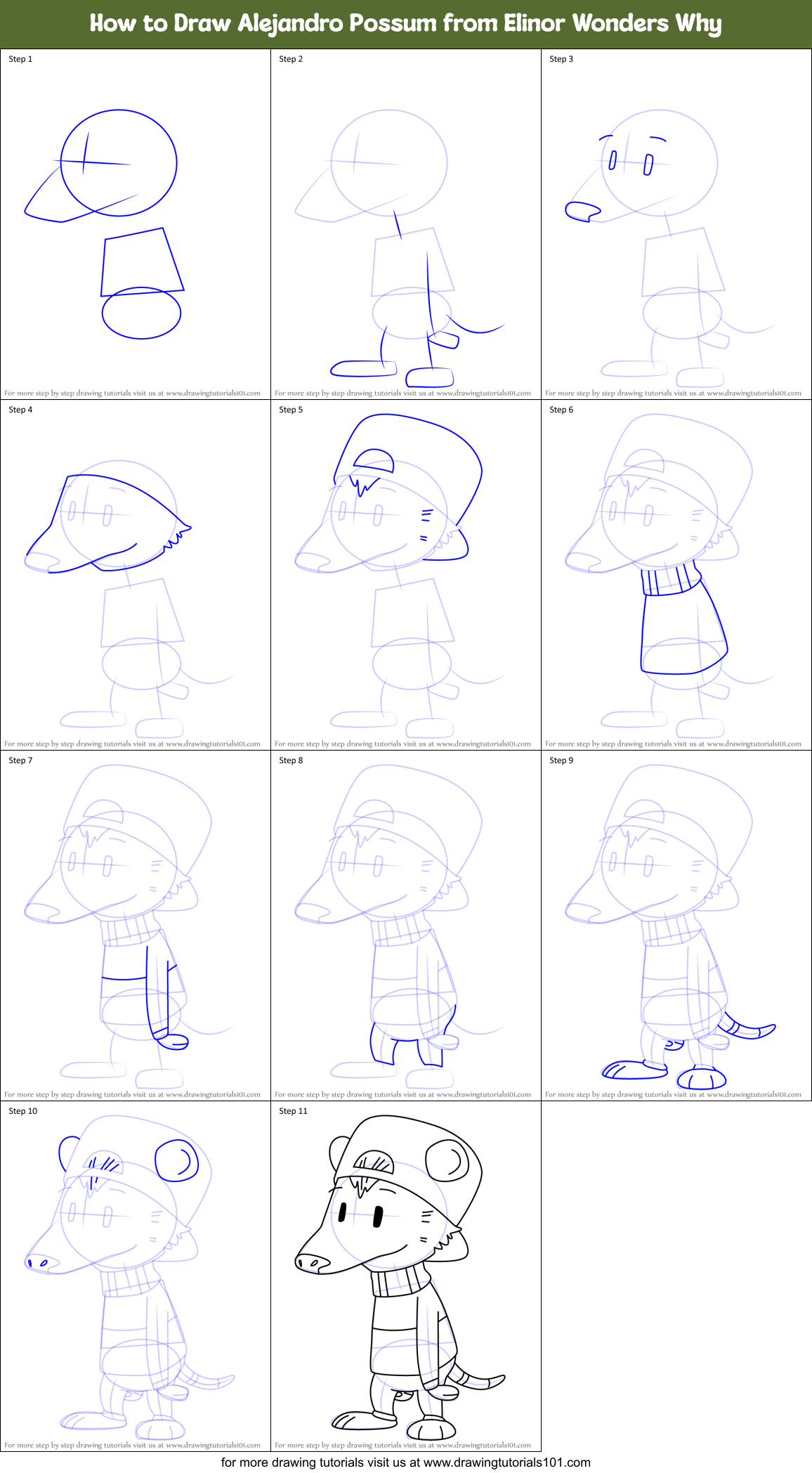 How to Draw Alejandro Possum from Elinor Wonders Why Printable Step by Step