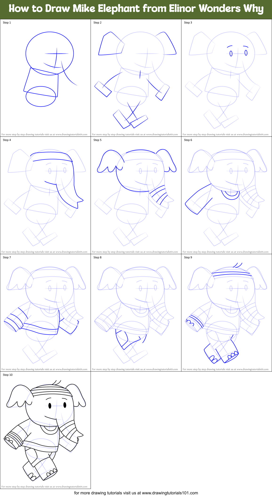 How to Draw Mike Elephant from Elinor Wonders Why Printable Step by Step
