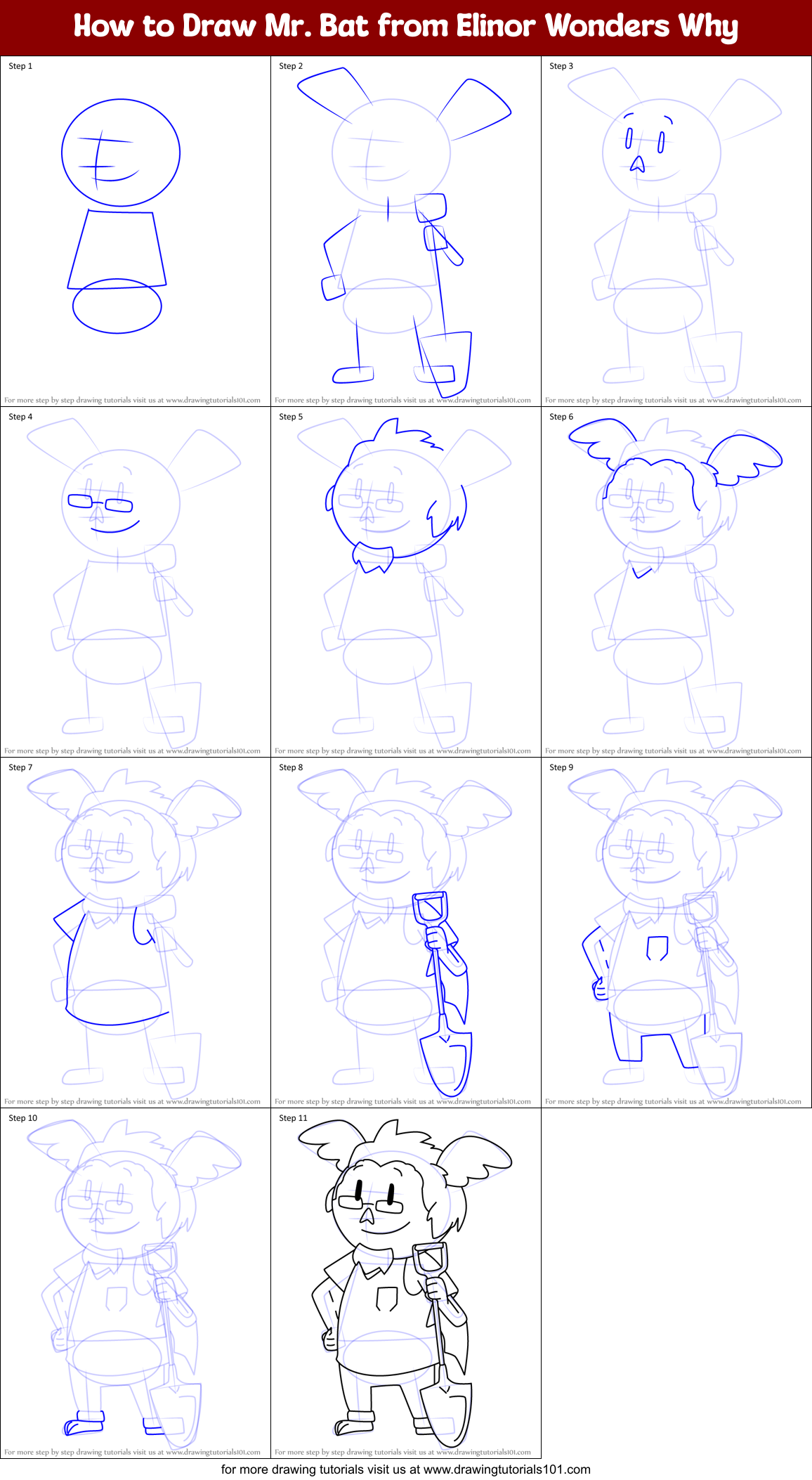 How to Draw Mr. Bat from Elinor Wonders Why Printable Step by Step